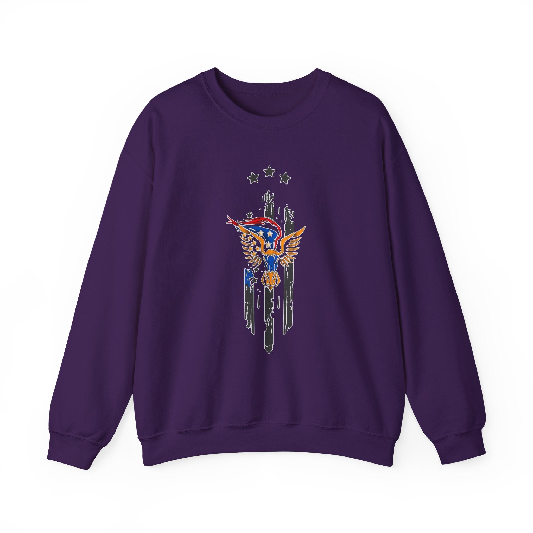 Purple sweatshirt with a colorful graphic design on a white background
