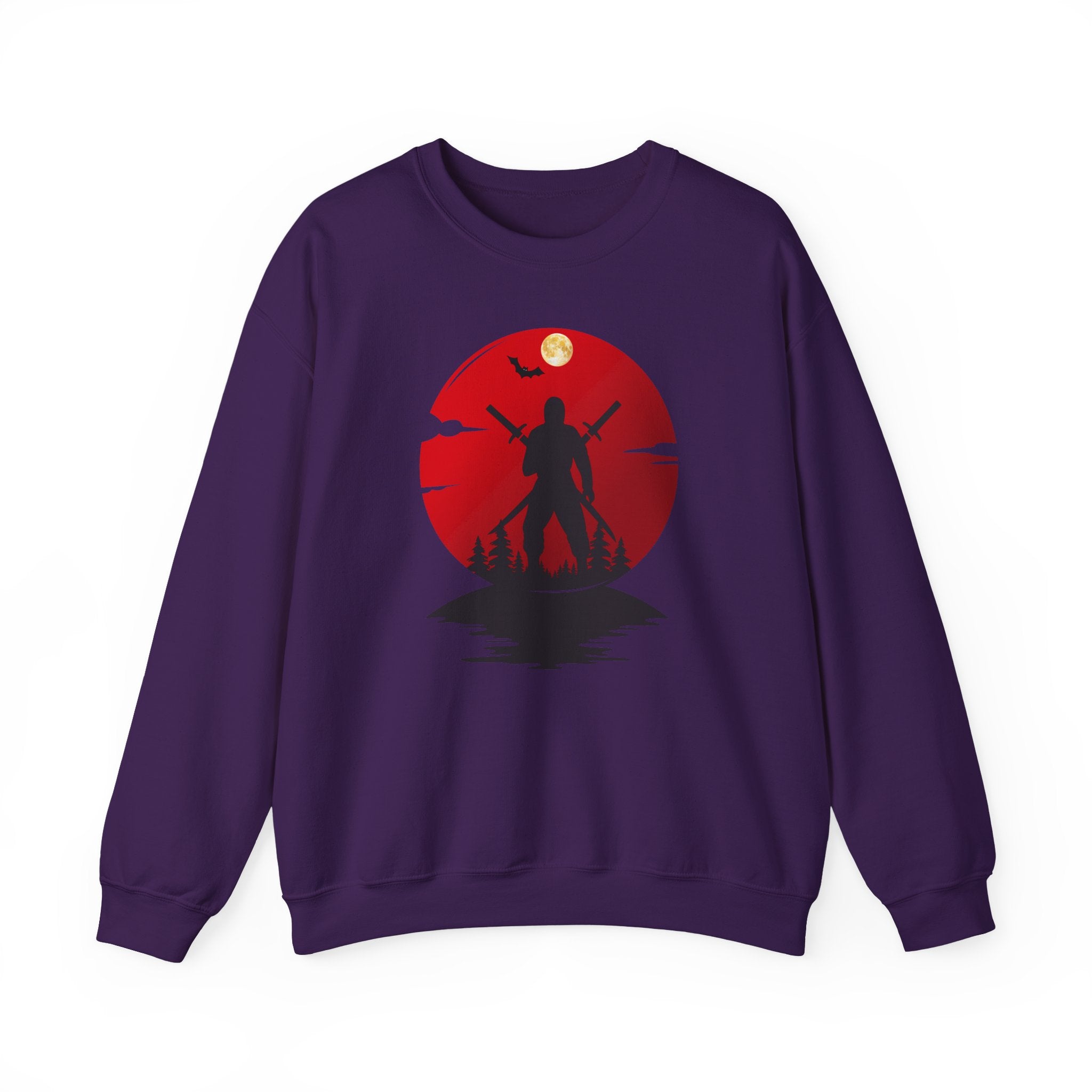 Purple sweatshirt with a red and black ninja graphic design on a white background