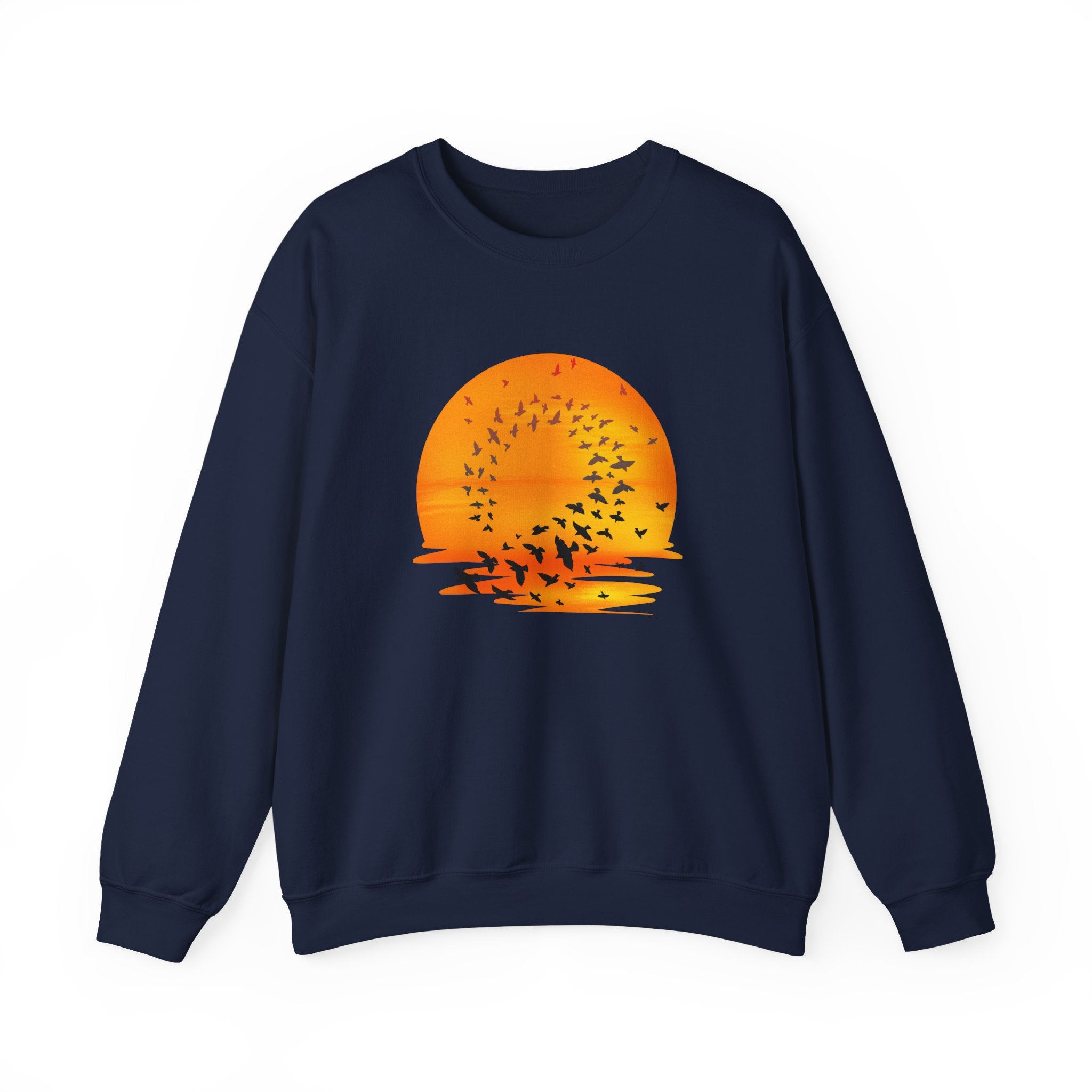Navy blue sweatshirt with an orange sunset and bird design on a white background