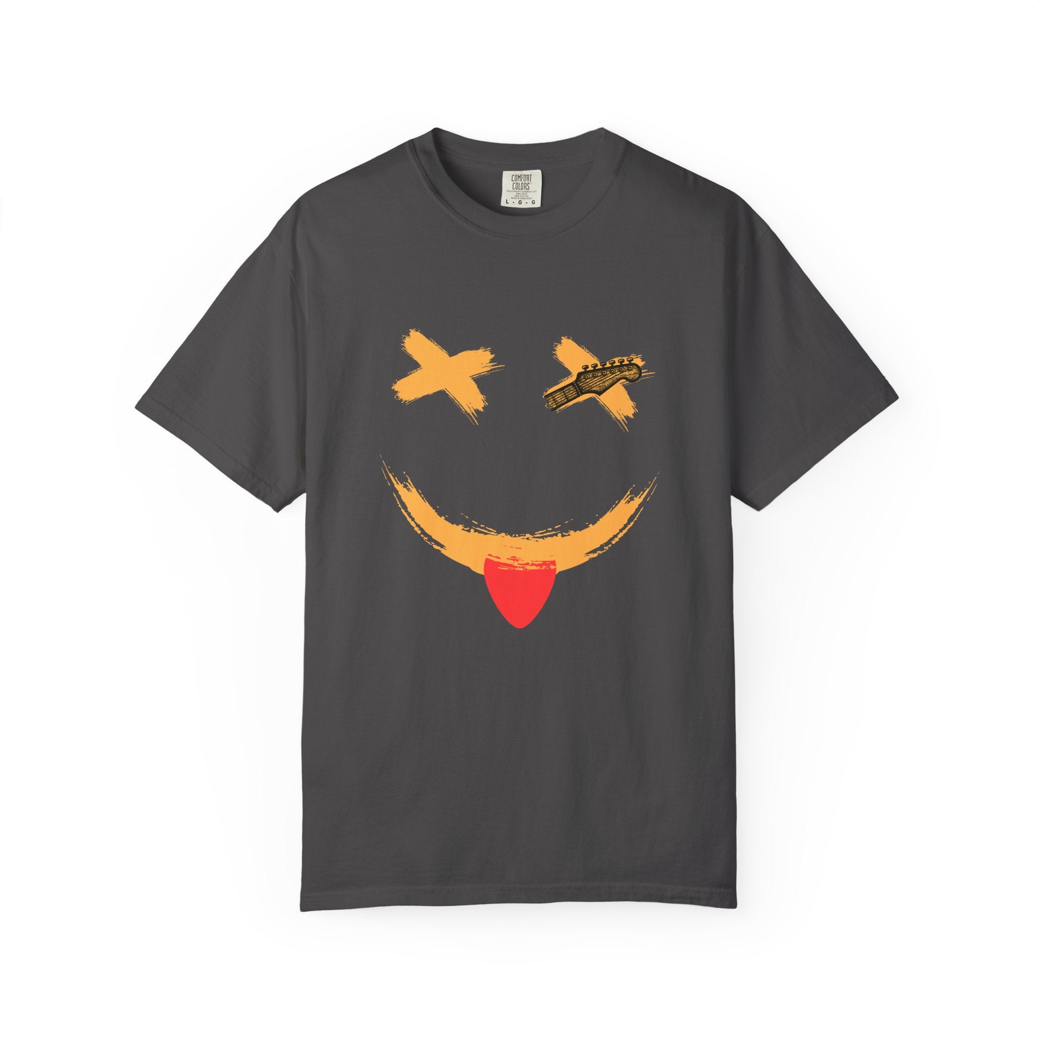 Gray t-shirt with a smiley face design on a white background