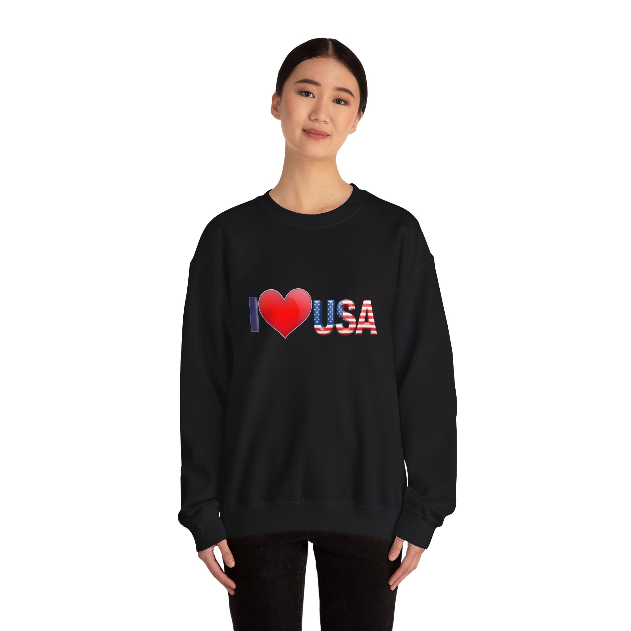 Person wearing a black sweatshirt with 'I ❤️ USA' design on a white background