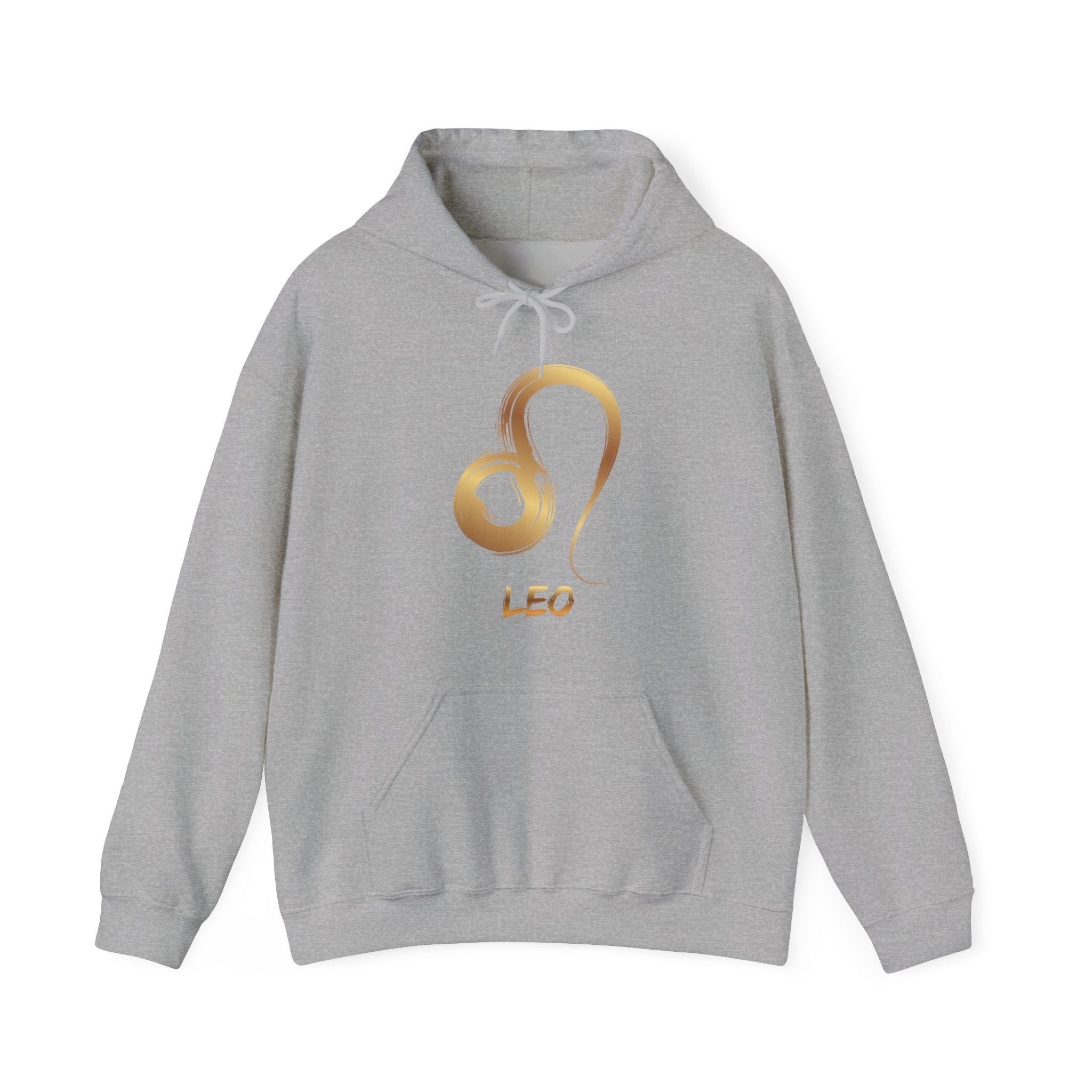 Gray hoodie with gold Leo zodiac symbol on a white background
