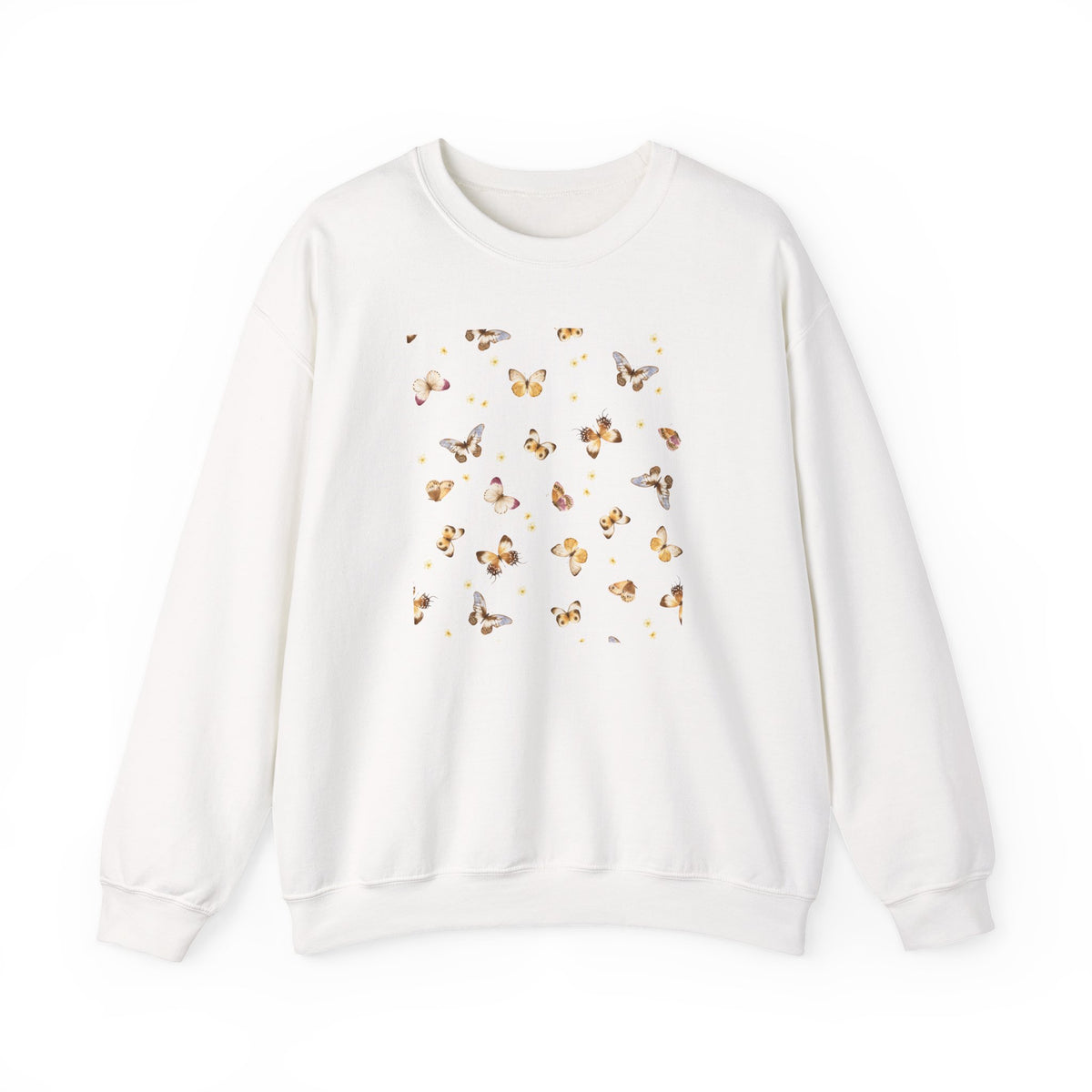 White sweatshirt with butterfly pattern on a white background