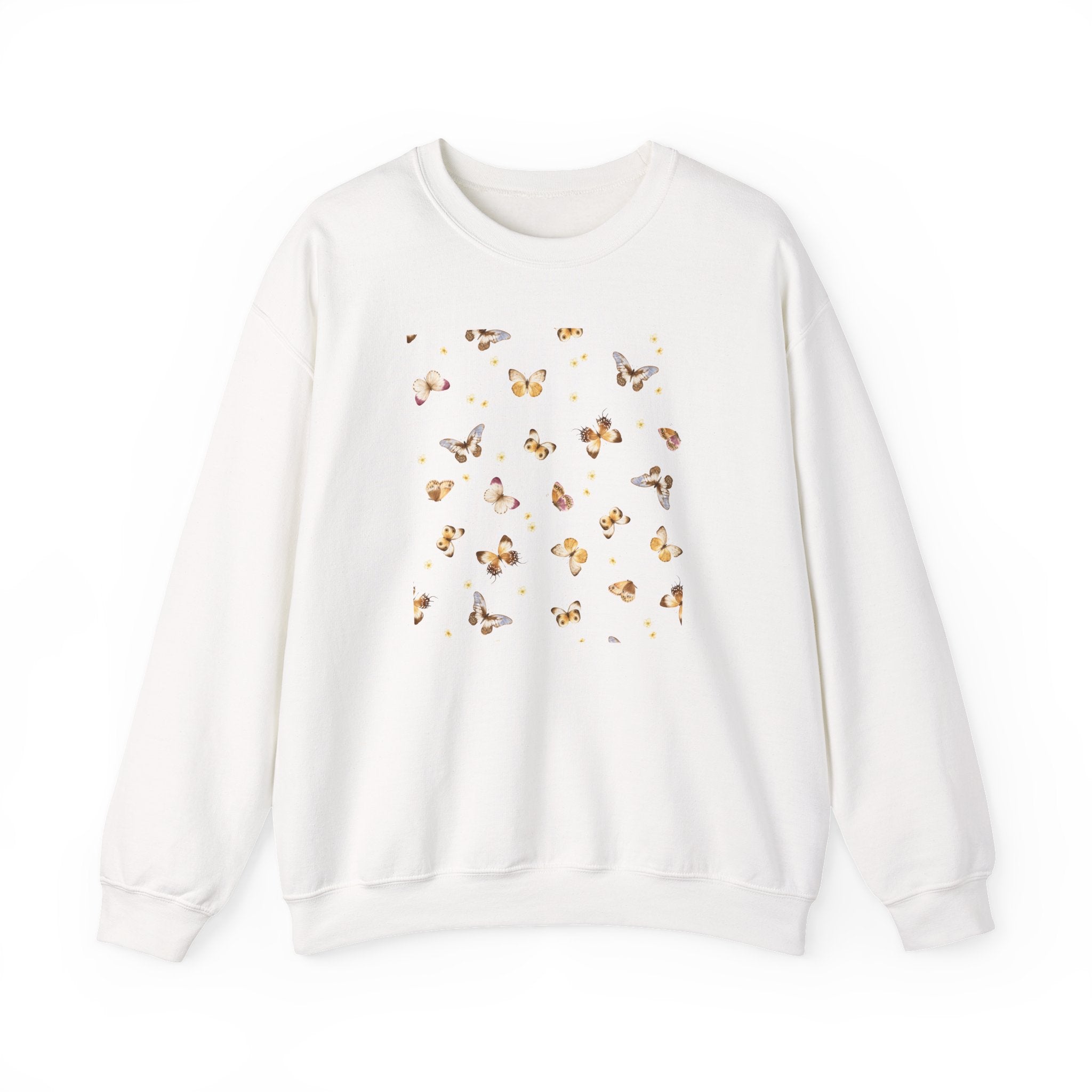 White sweatshirt with butterfly pattern on a white background