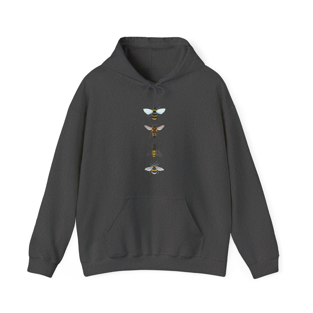 Dark gray hoodie with bee graphic on a white background