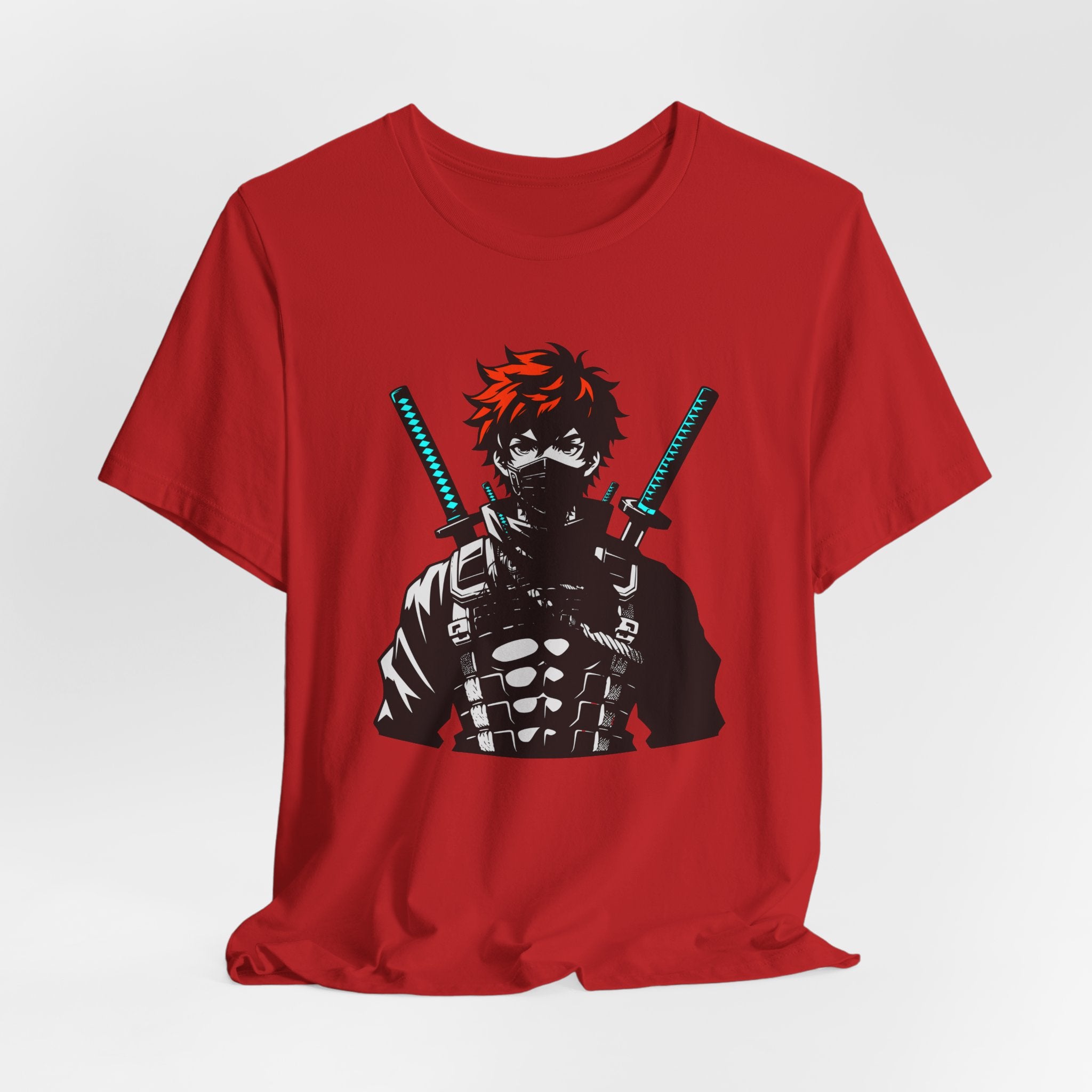 Red t-shirt with a graphic of a character holding swords on a white background