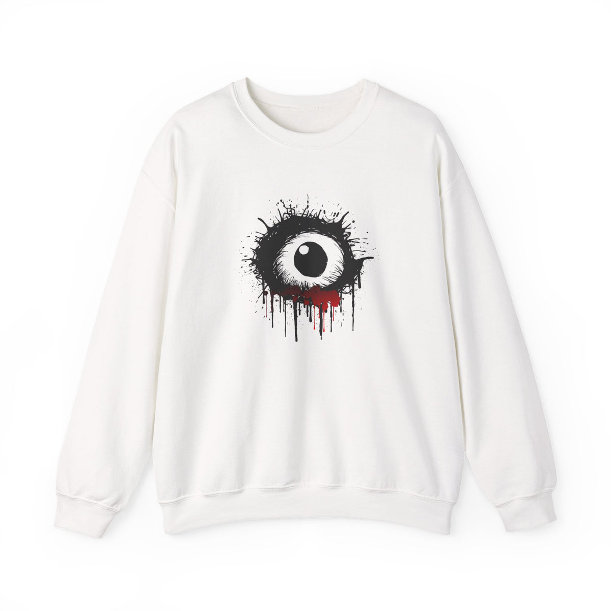 White sweatshirt with a black and red eye design on a white background