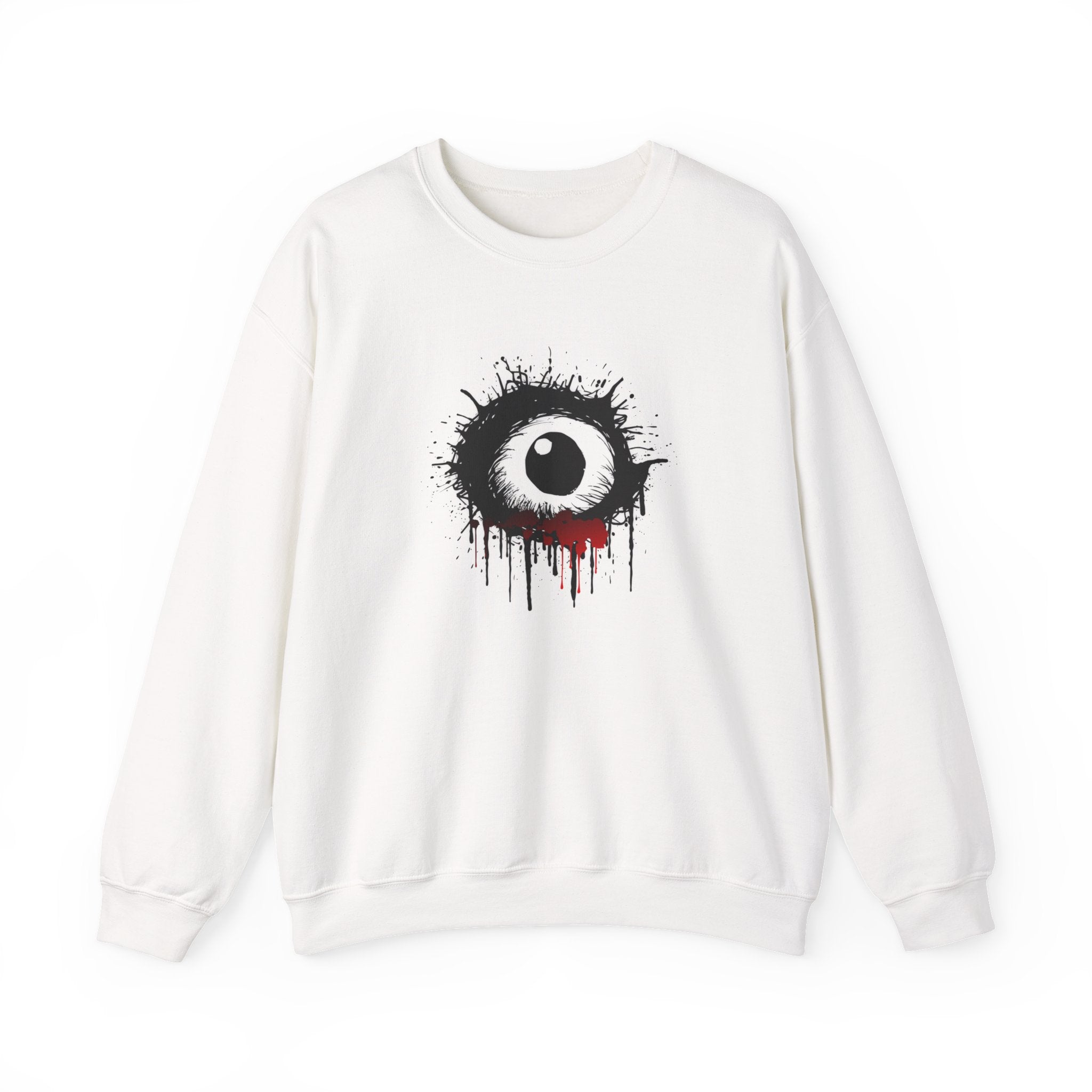 White sweatshirt with a black and red eye design on a white background