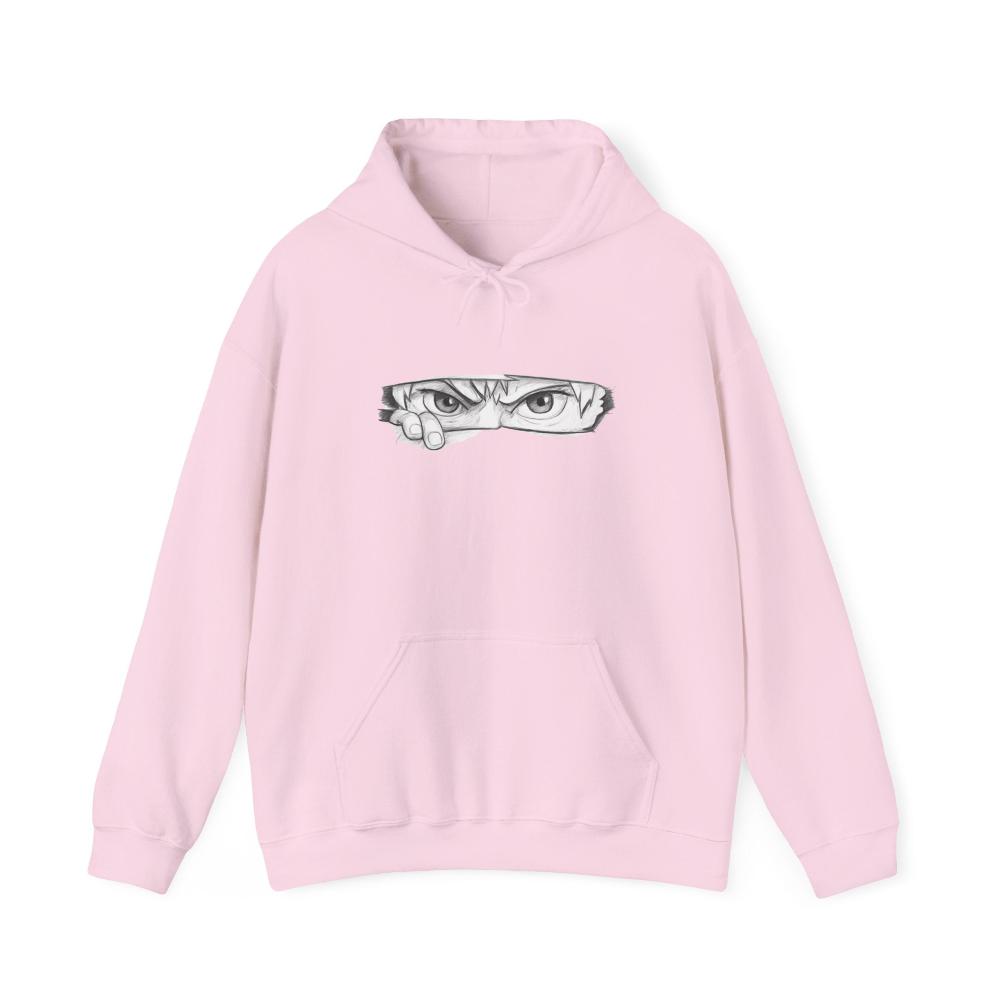 Pink hoodie with a graphic of a anime eye on a white background