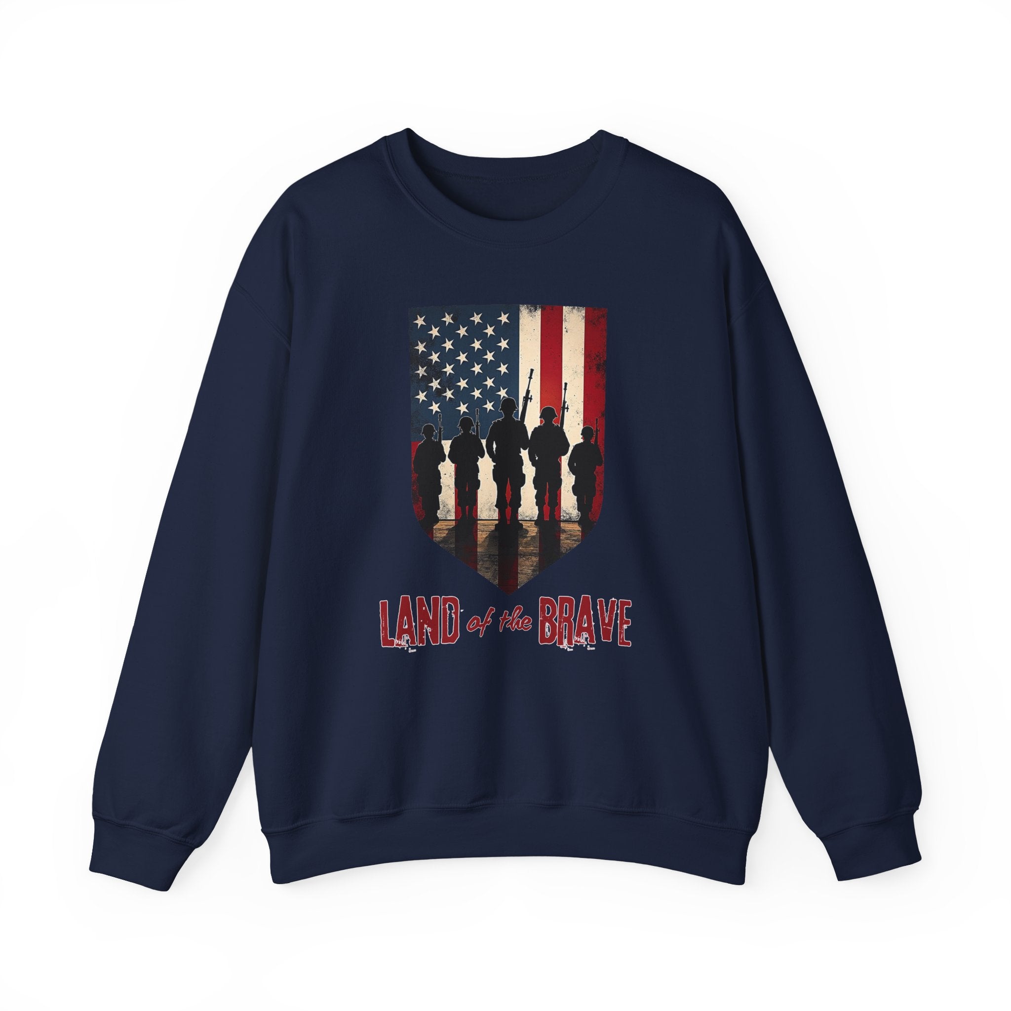 Navy blue sweatshirt with American flag and silhouette design on a white background