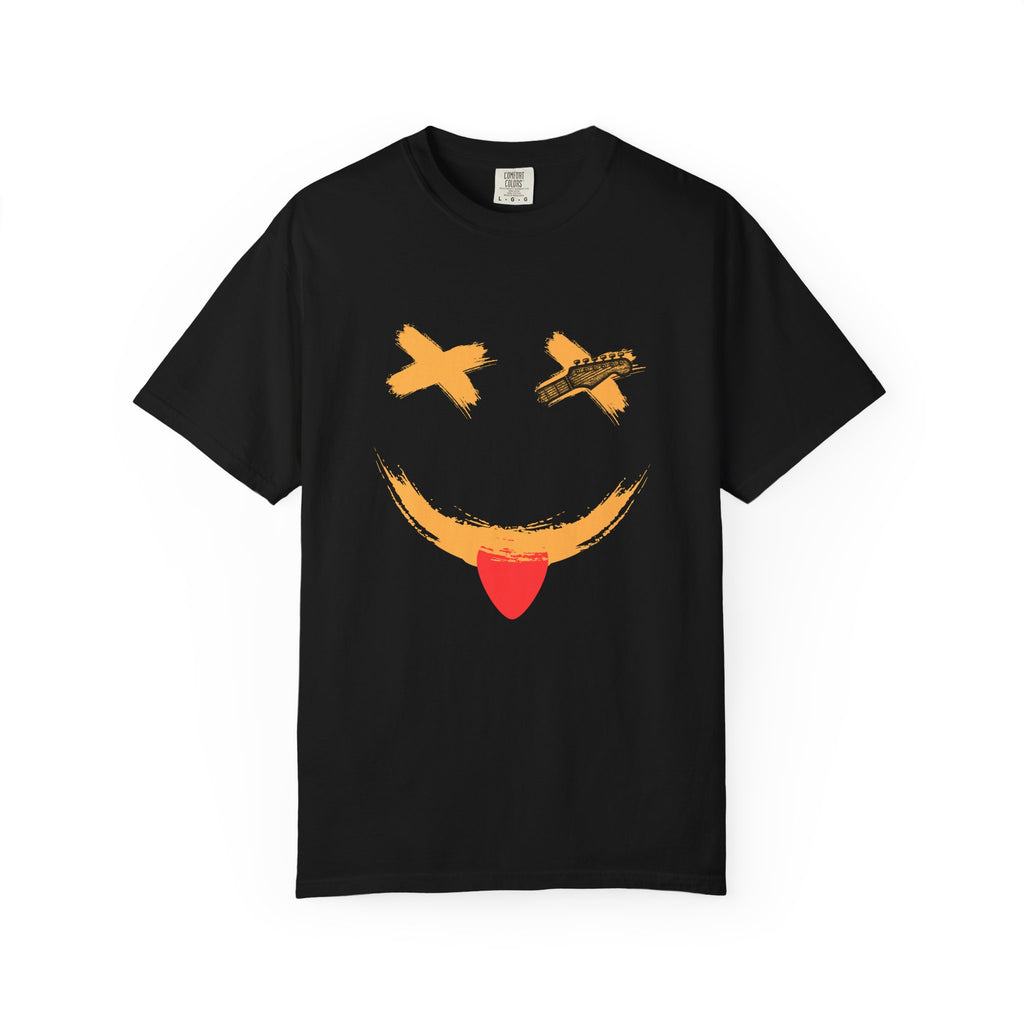 Black t-shirt with a smiley face design on a white background