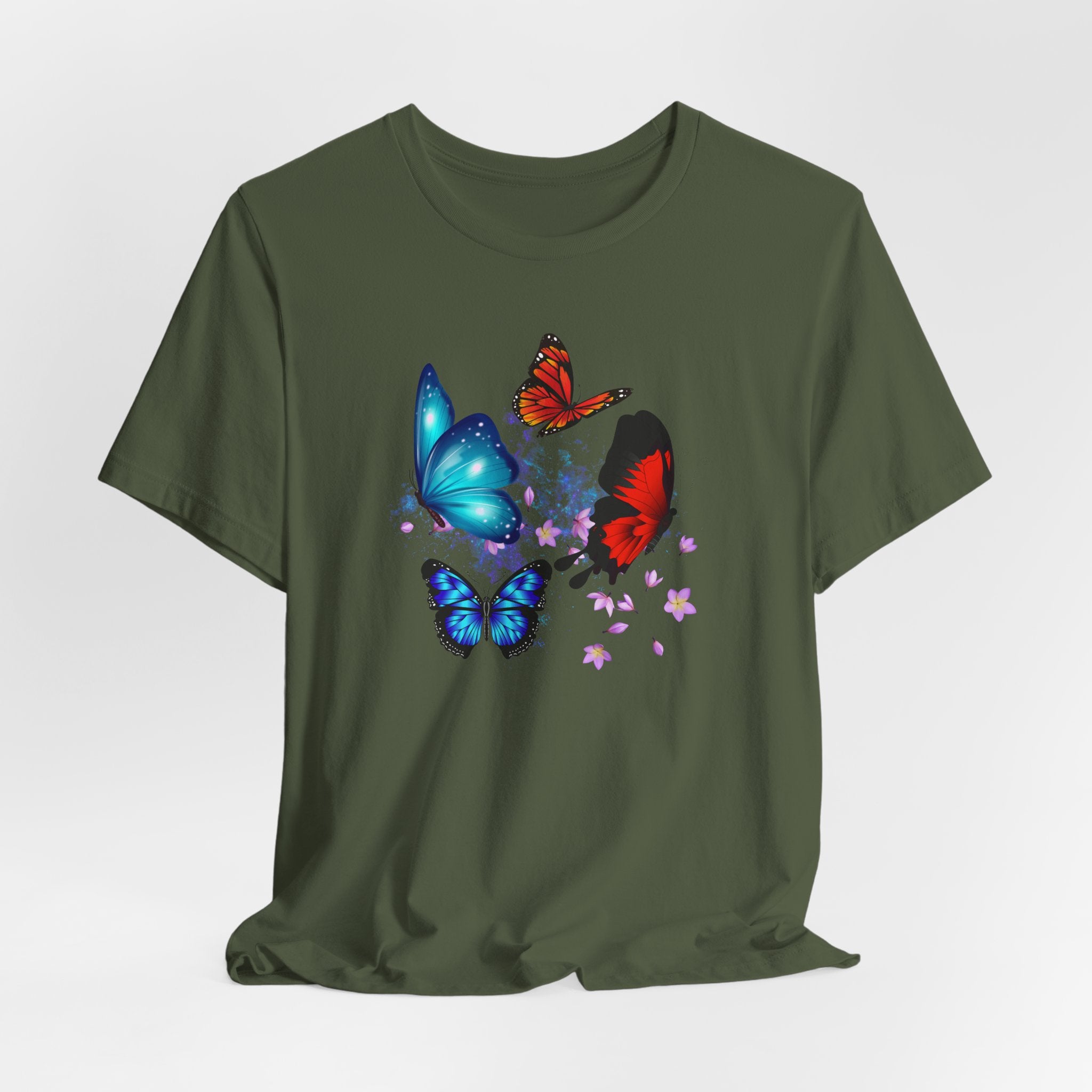 Green t-shirt with colorful butterfly design on a white background