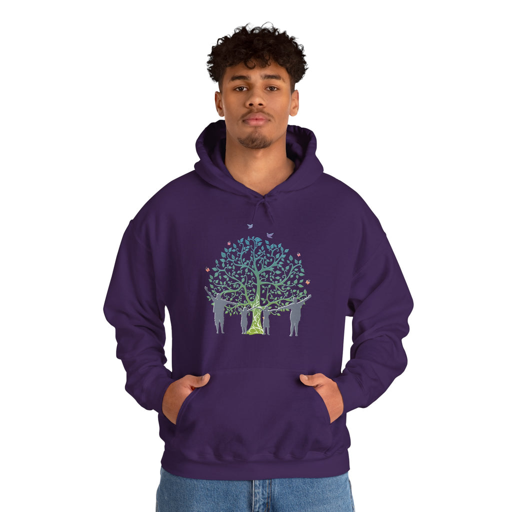 Person wearing a purple hoodie with a tree design on a white background