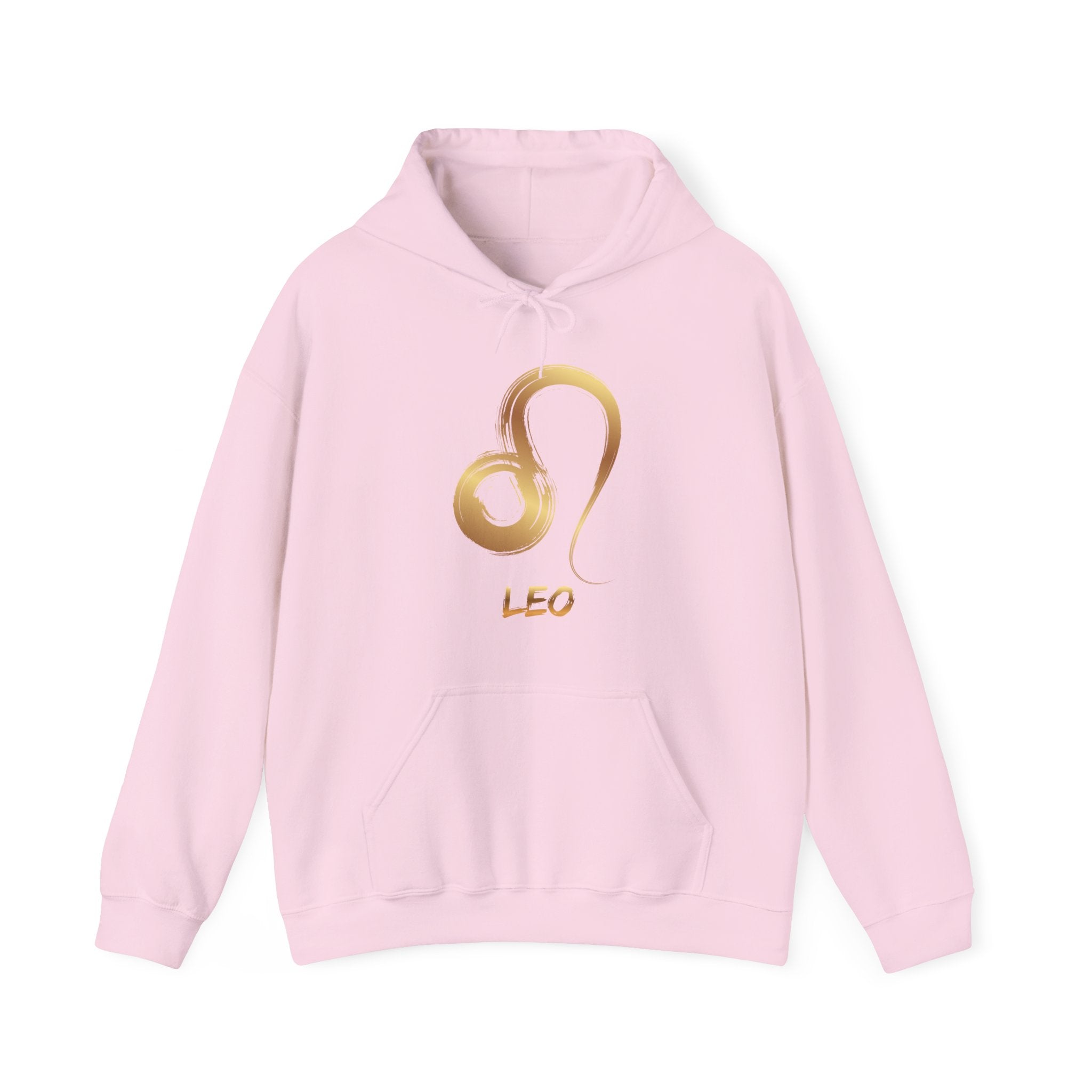 Pink hoodie with gold Leo symbol on a white background