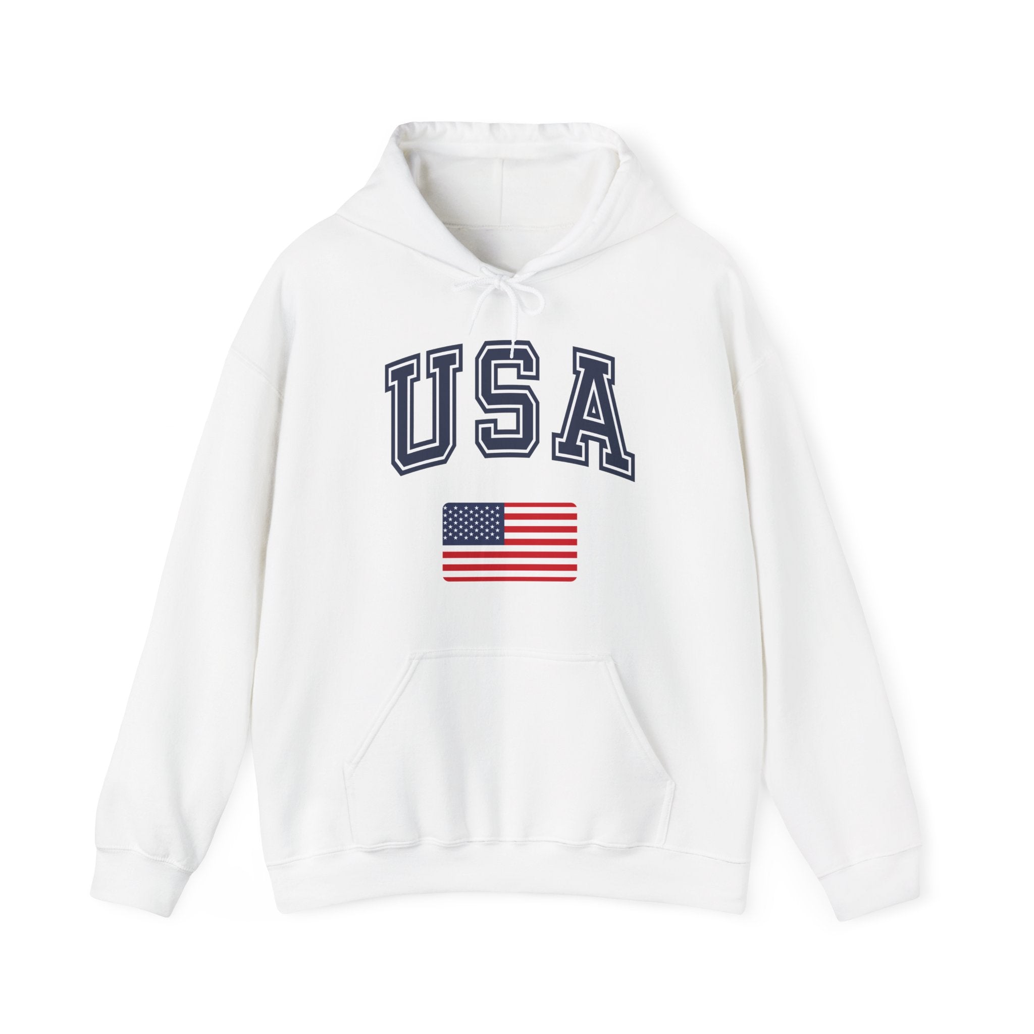 White hoodie with 'USA' text and American flag on a white background