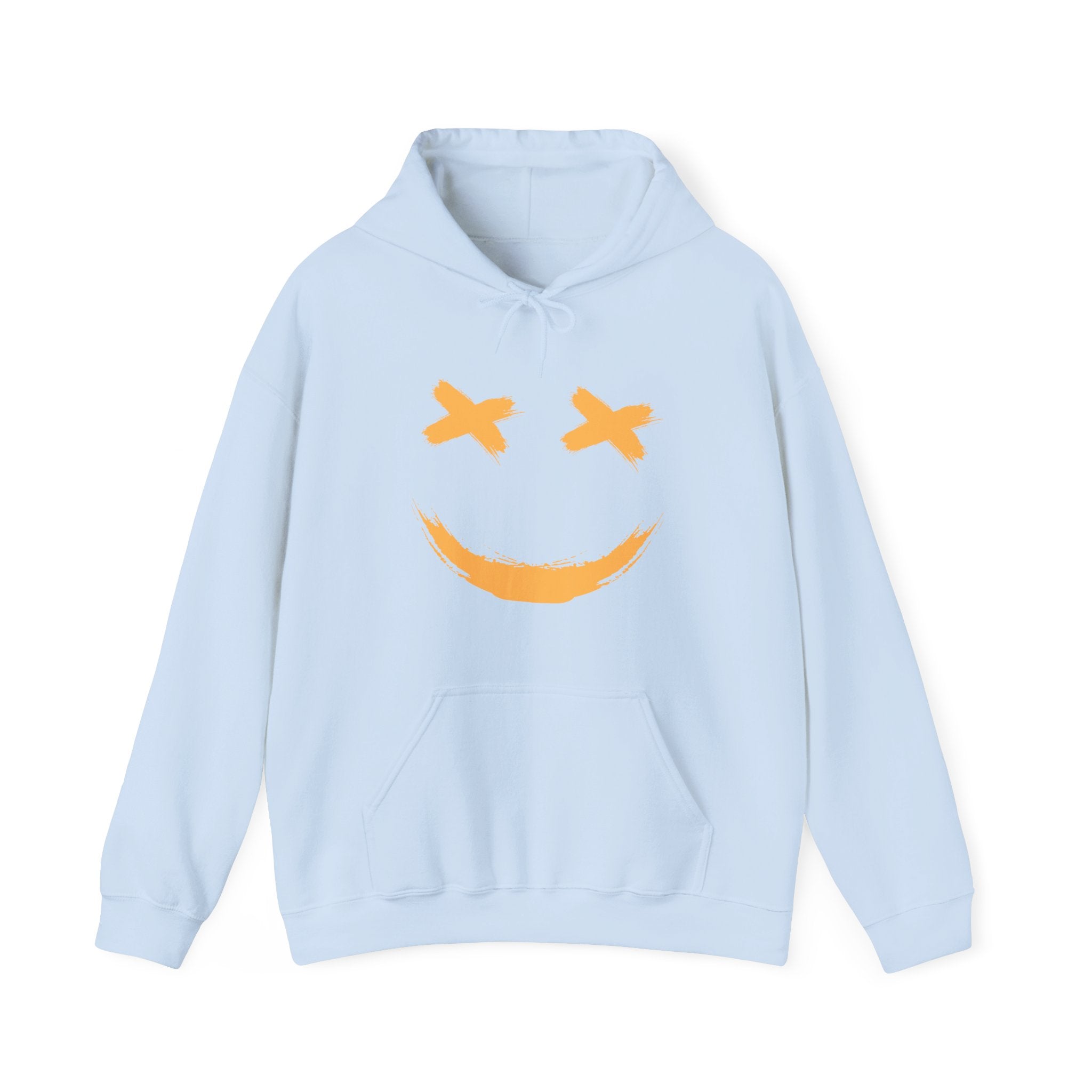 Light blue hoodie with a smiley face design on a white background