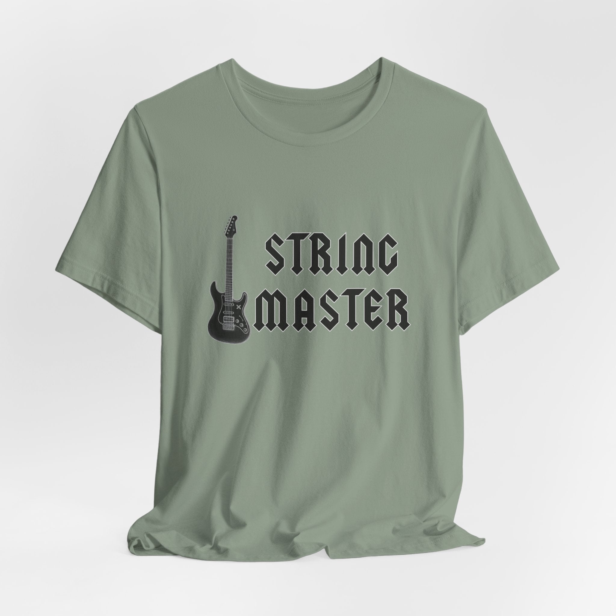 Green t-shirt with 'String Master' and guitar graphic on a white background