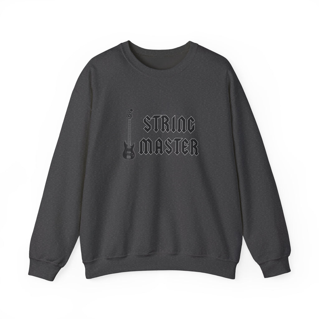 Dark gray sweatshirt with 'String Master' text and guitar graphic on a white background