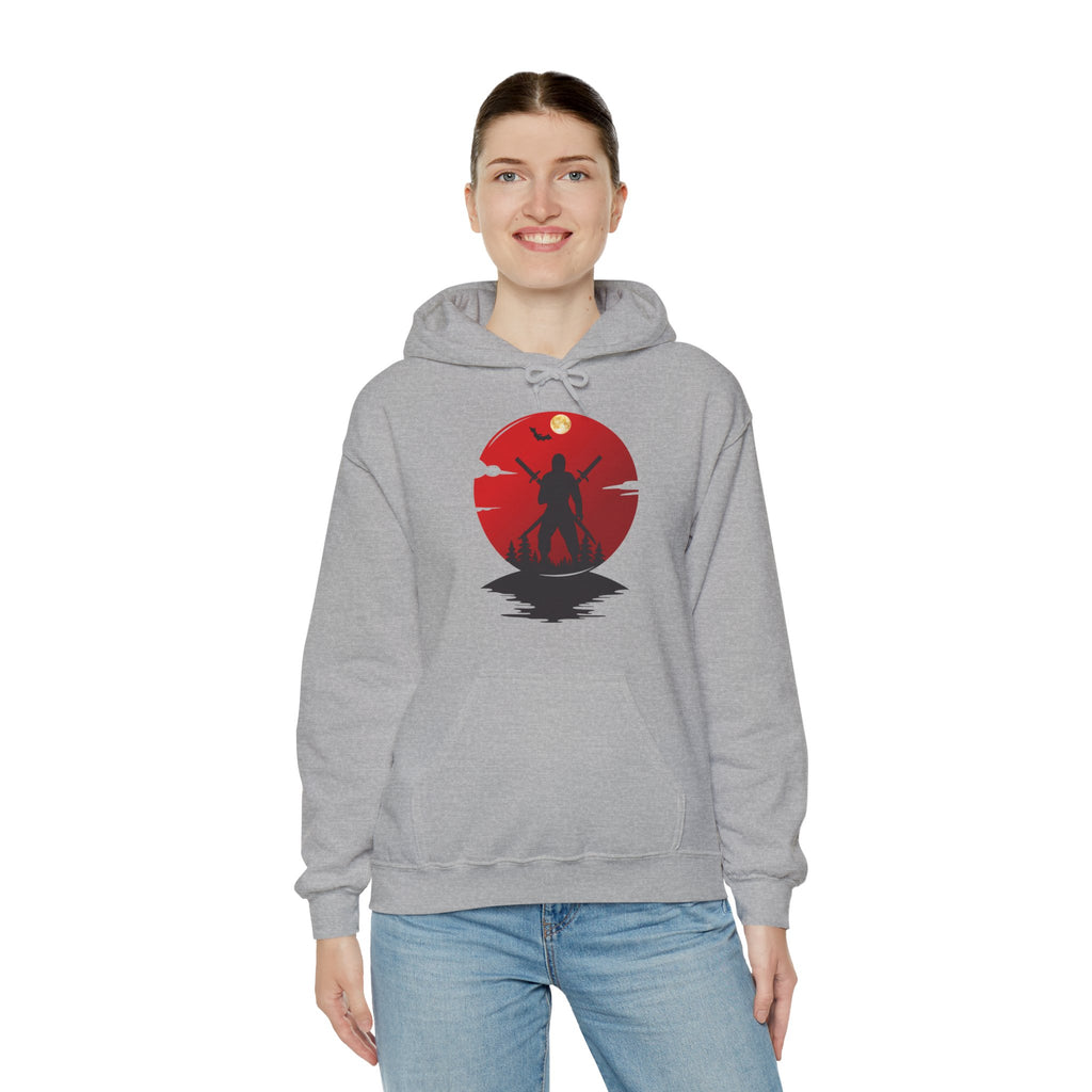 Person wearing a gray hoodie with a red and black graphic design on a white background