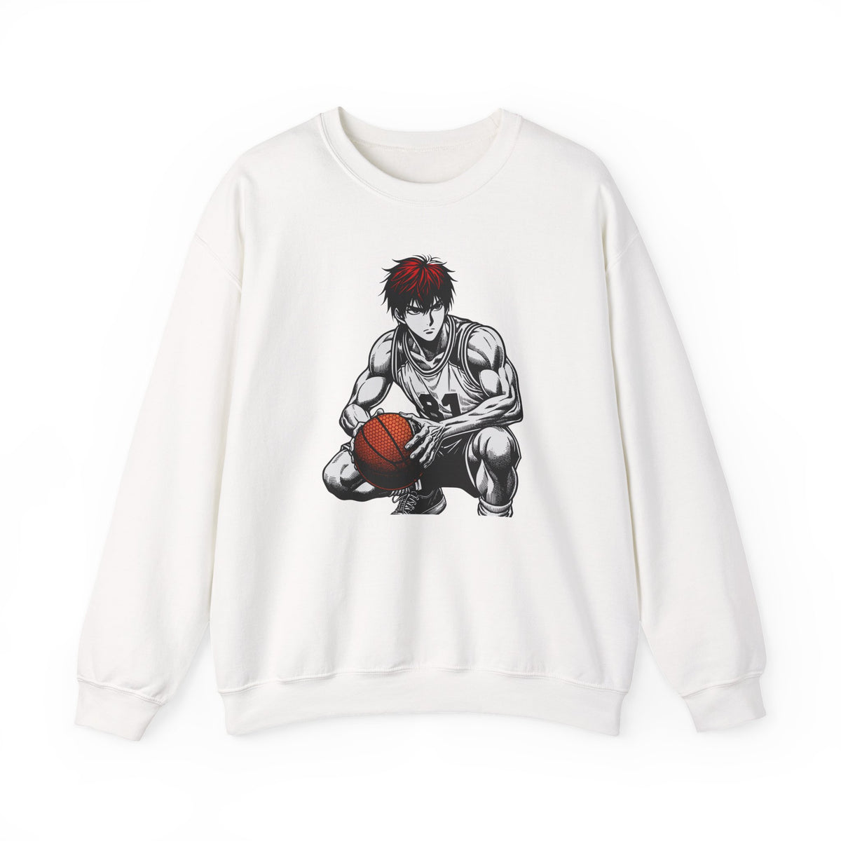 White sweatshirt with an anime-style graphic of a character holding a basketball on a white background