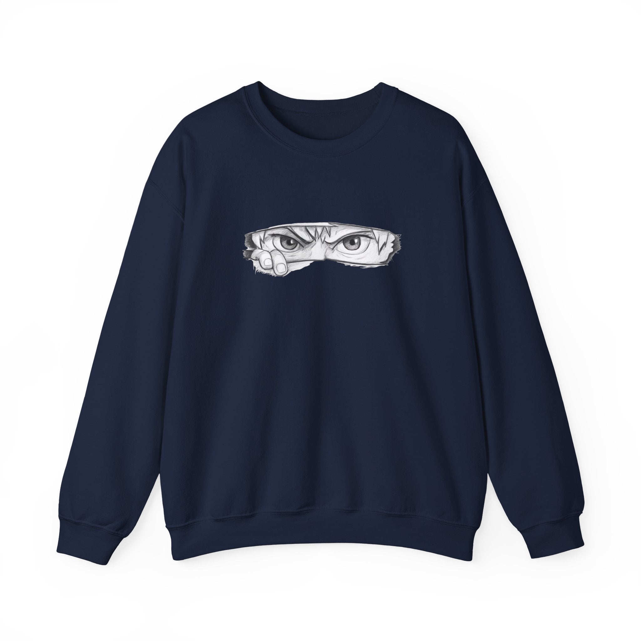 Navy blue sweatshirt with a anime eyes design on a white background