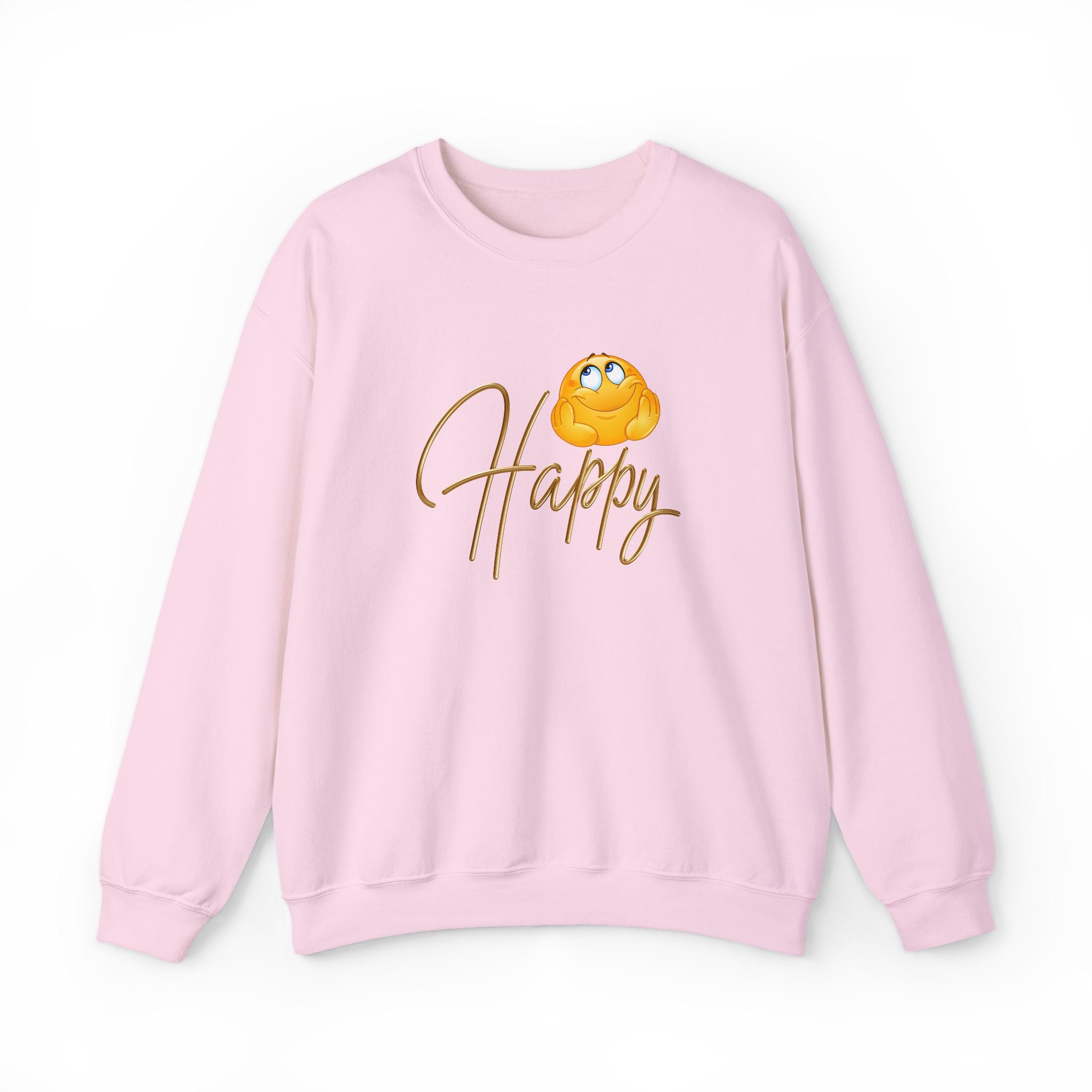 Pink sweatshirt with a yellow emoji and 'Happy' text on a white background