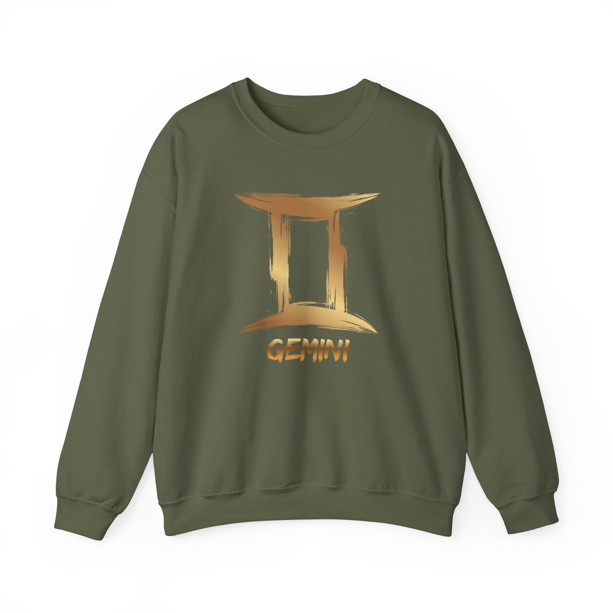 Green sweatshirt with Gemini zodiac sign design on a white background