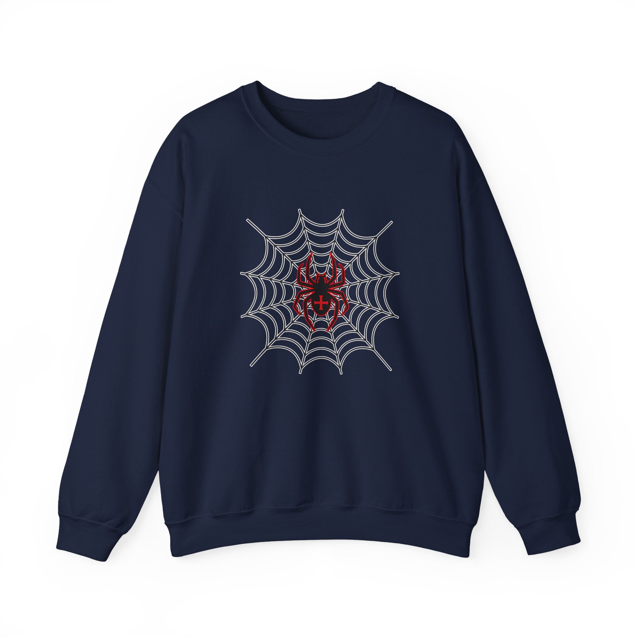 Navy blue sweatshirt with a spider and web design on a white background