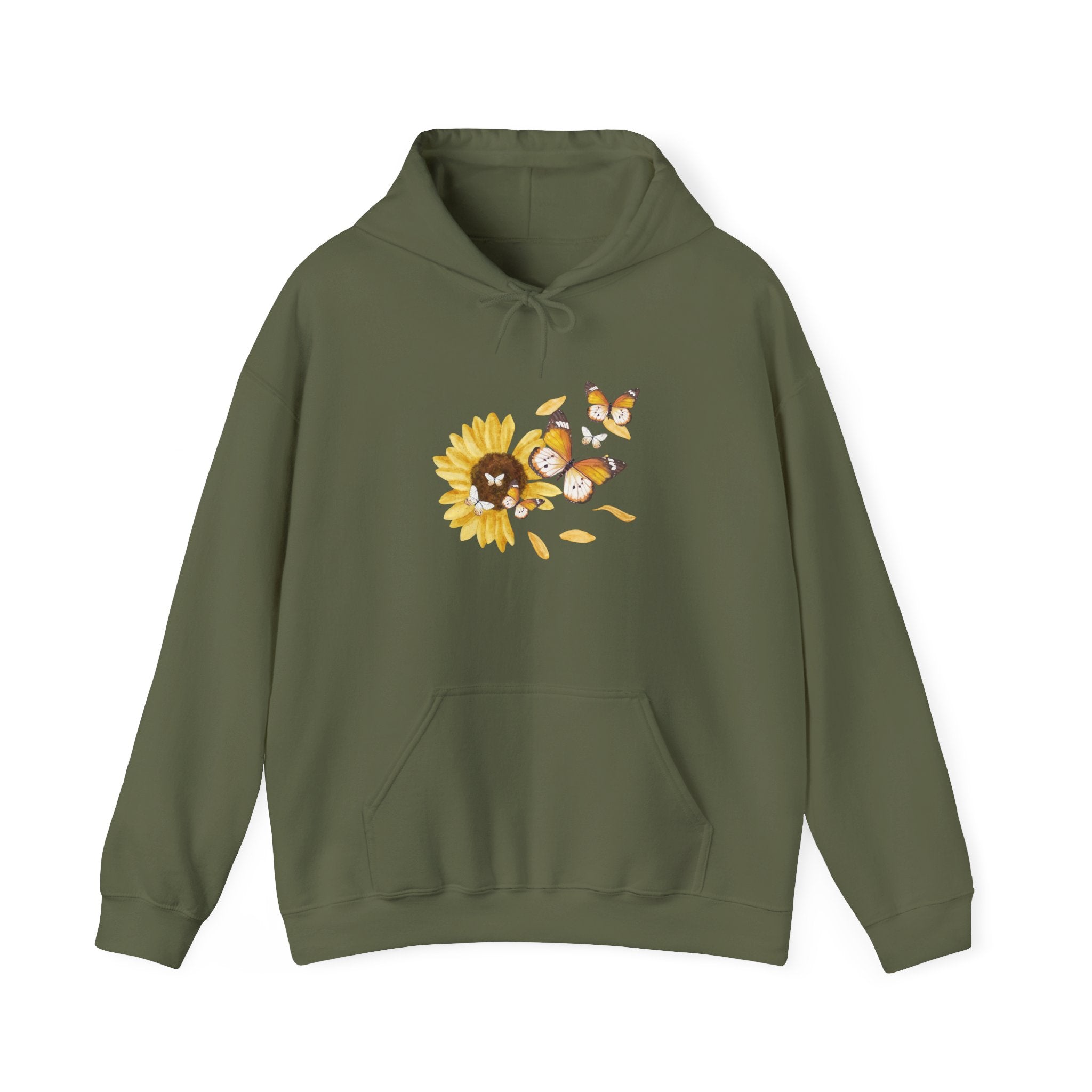Green hoodie with a sunflower and butterfly design on a white background