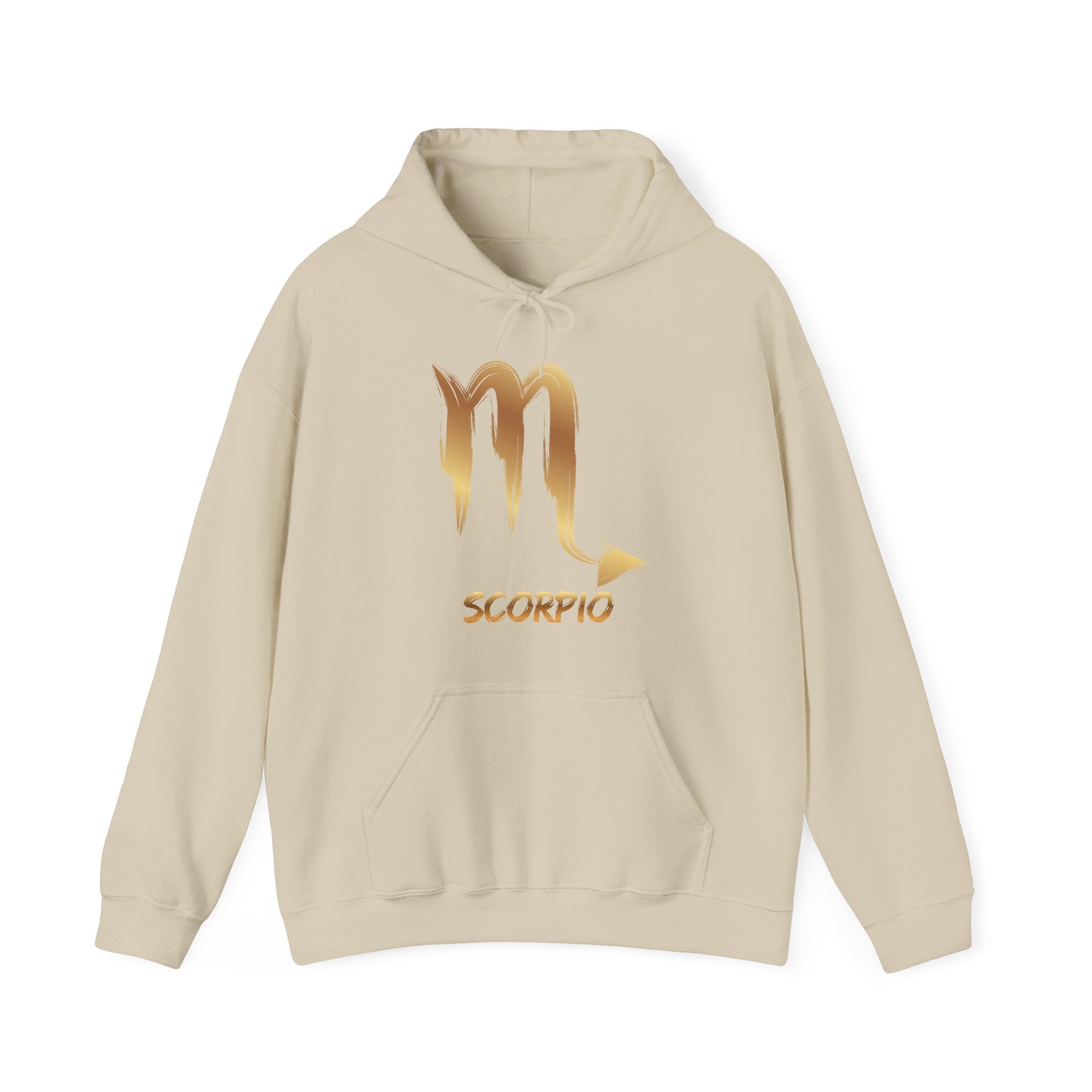 Beige hoodie with gold Scorpio symbol and text on a white background