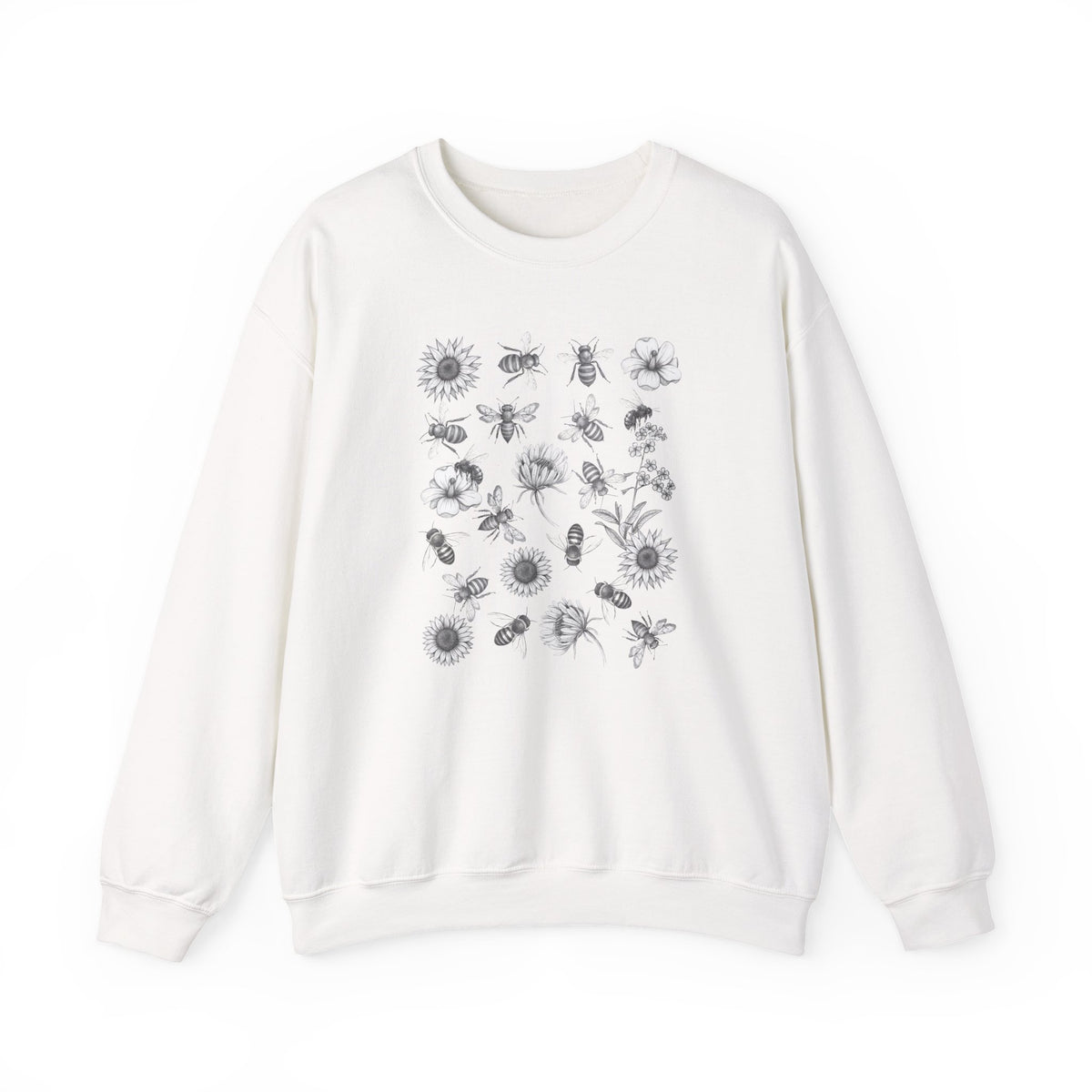 White sweatshirt with black floral and bee pattern on a white background