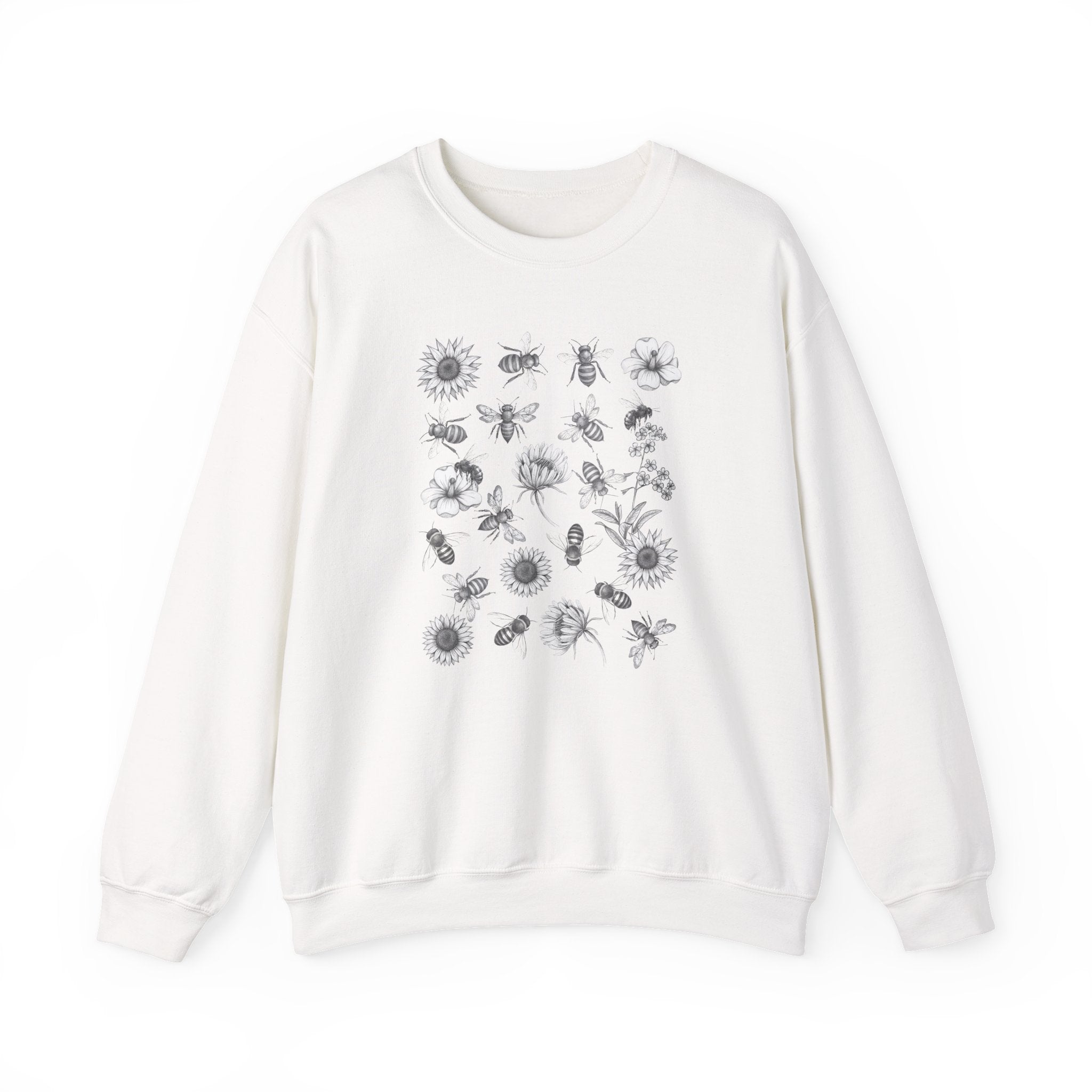 White sweatshirt with black floral and bee pattern on a white background