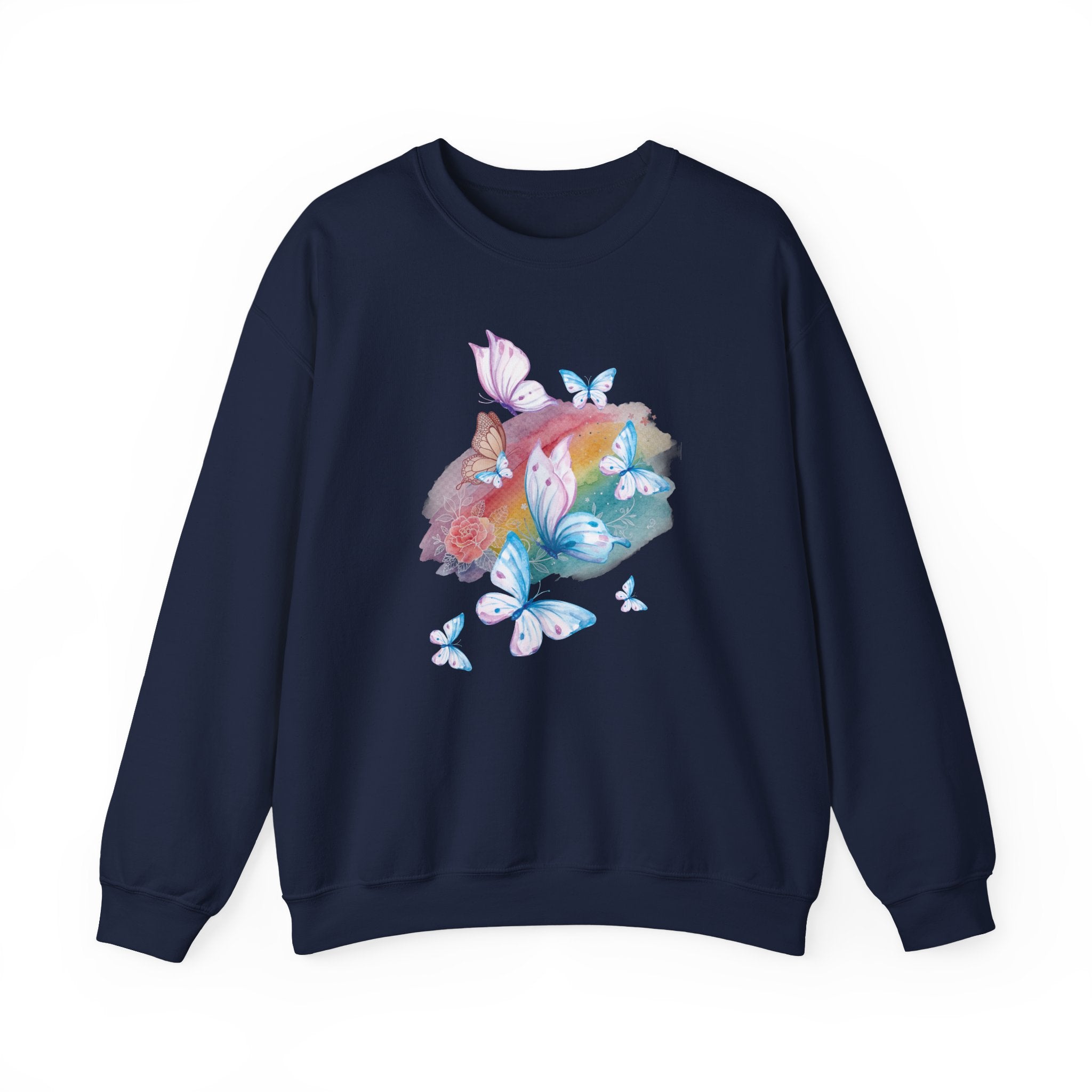 Navy blue sweatshirt with colorful butterfly design on a white background