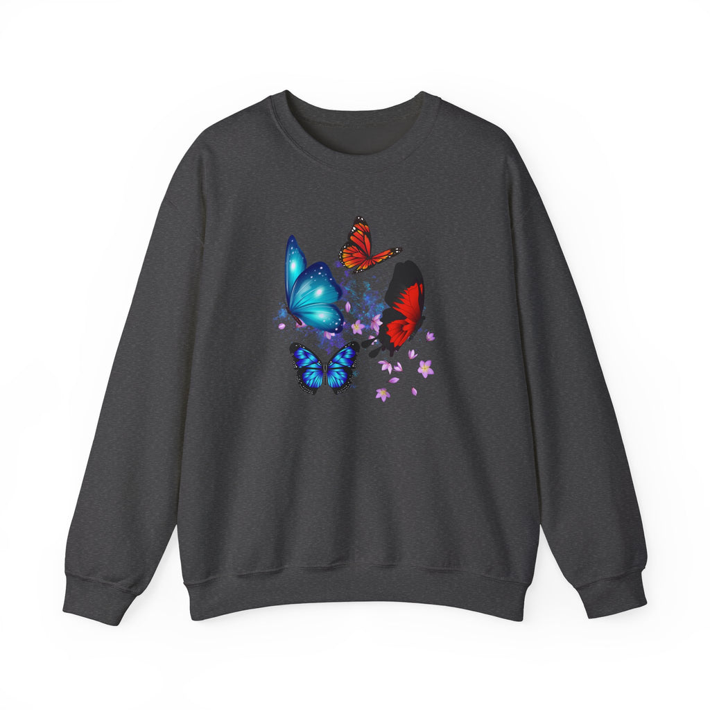 Dark gray sweatshirt with colorful butterfly design on a white background
