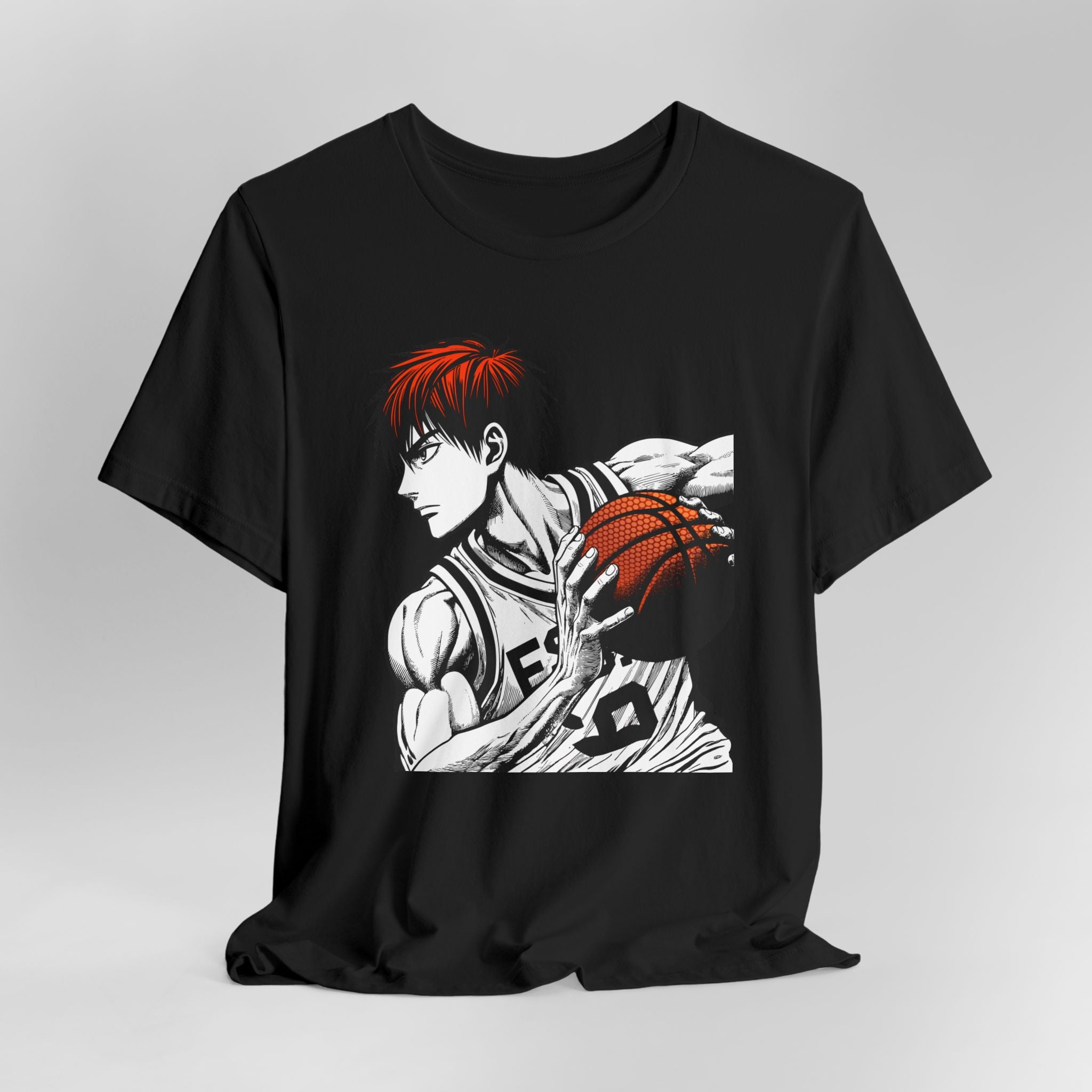 Black t-shirt with a graphic of a character holding a basketball on a gray background