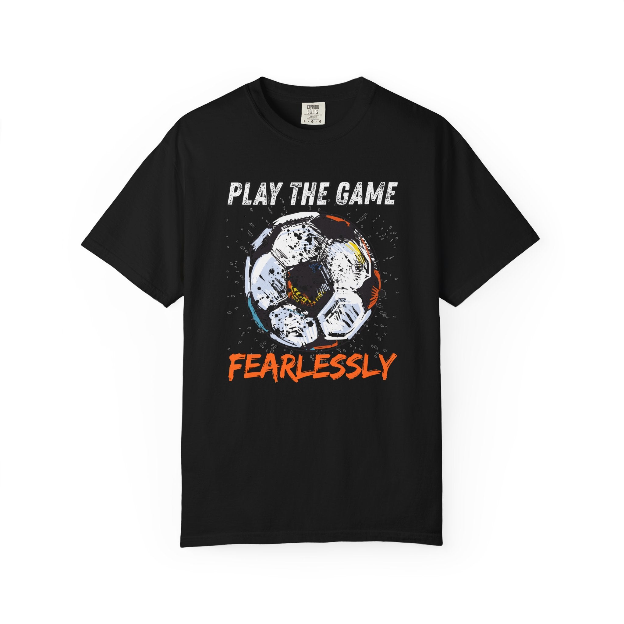 Black t-shirt with dirty soccer ball graphic and play the game fearlessly text on a white background