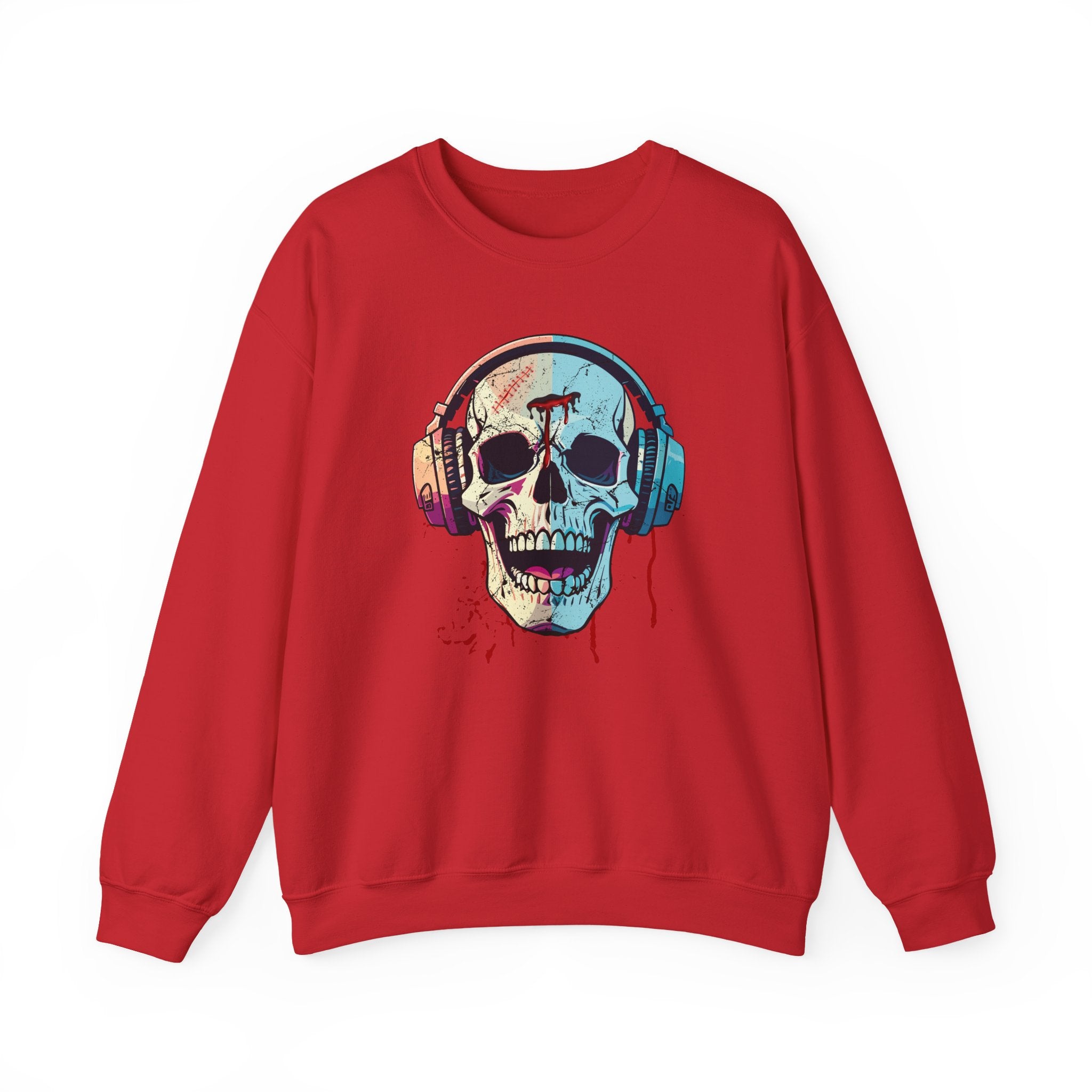 Red sweatshirt with a colorful skull design wearing headphones on a white background