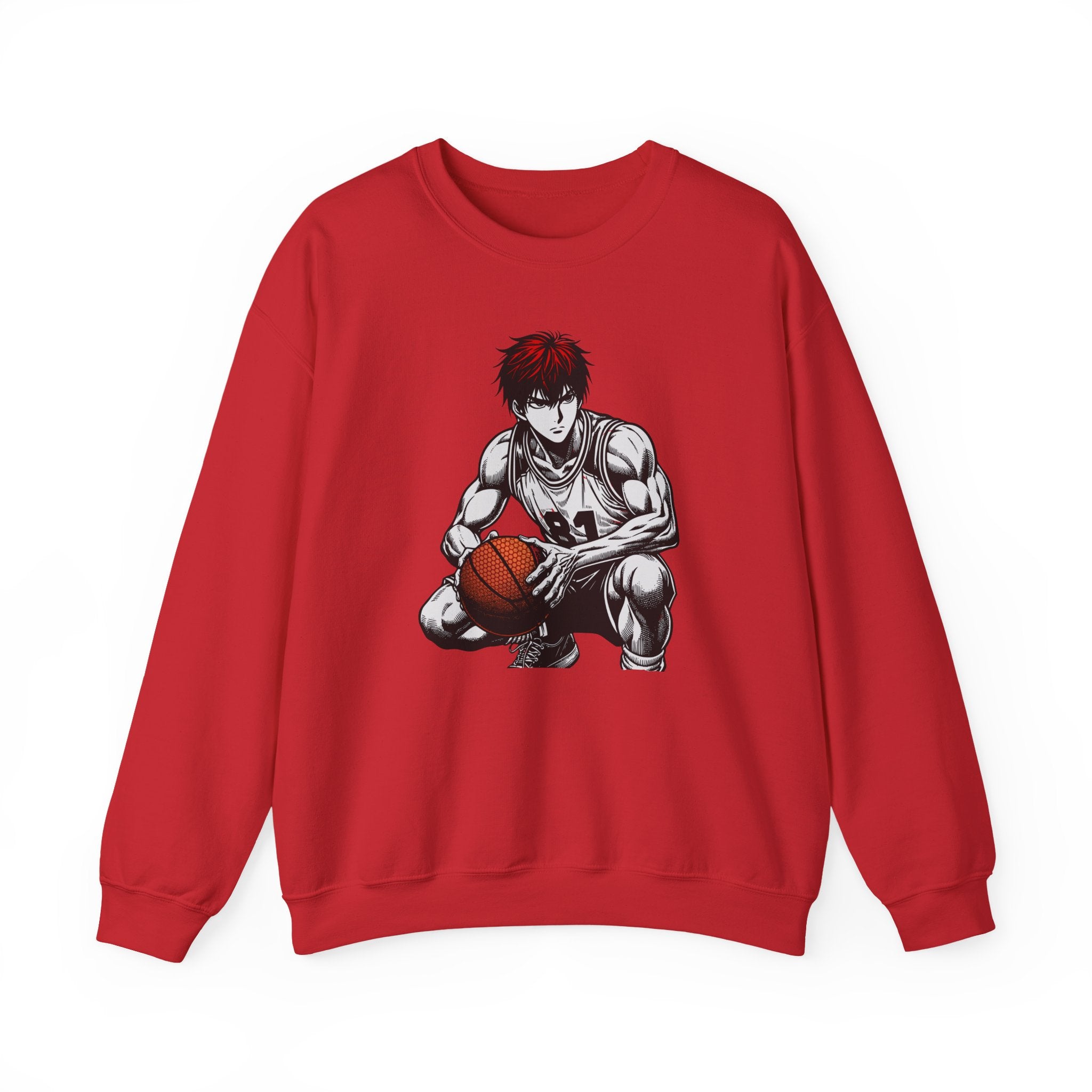 Red sweatshirt with an anime-style graphic of a character holding a basketball on a white background