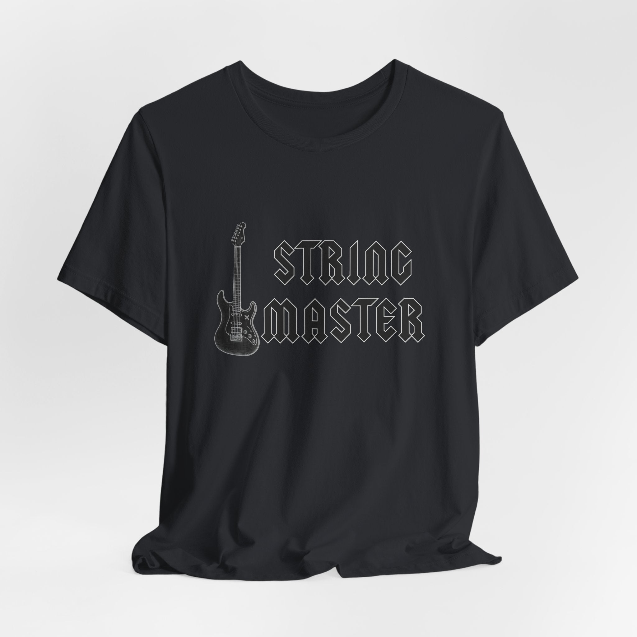 Black t-shirt with "String Master" text and guitar graphic on a white background