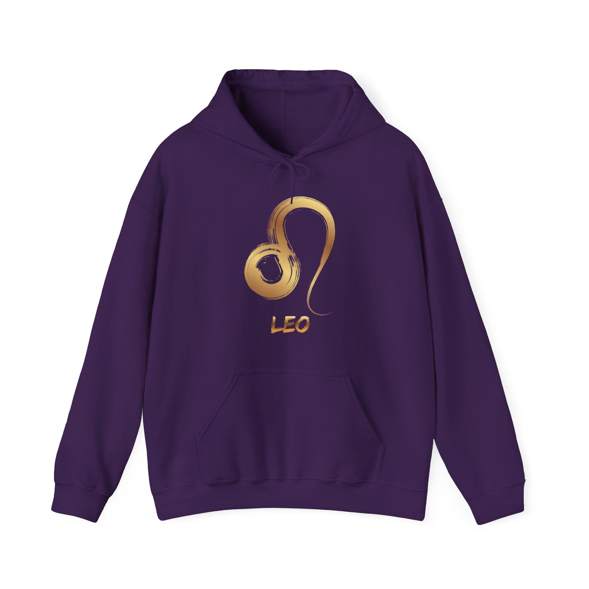 Purple hoodie with gold Leo symbol on a white background
