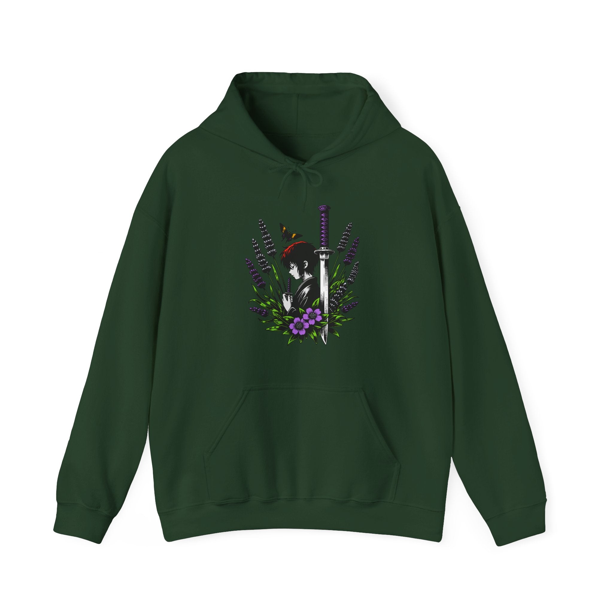 Green hoodie with an anime graphic design on a white background