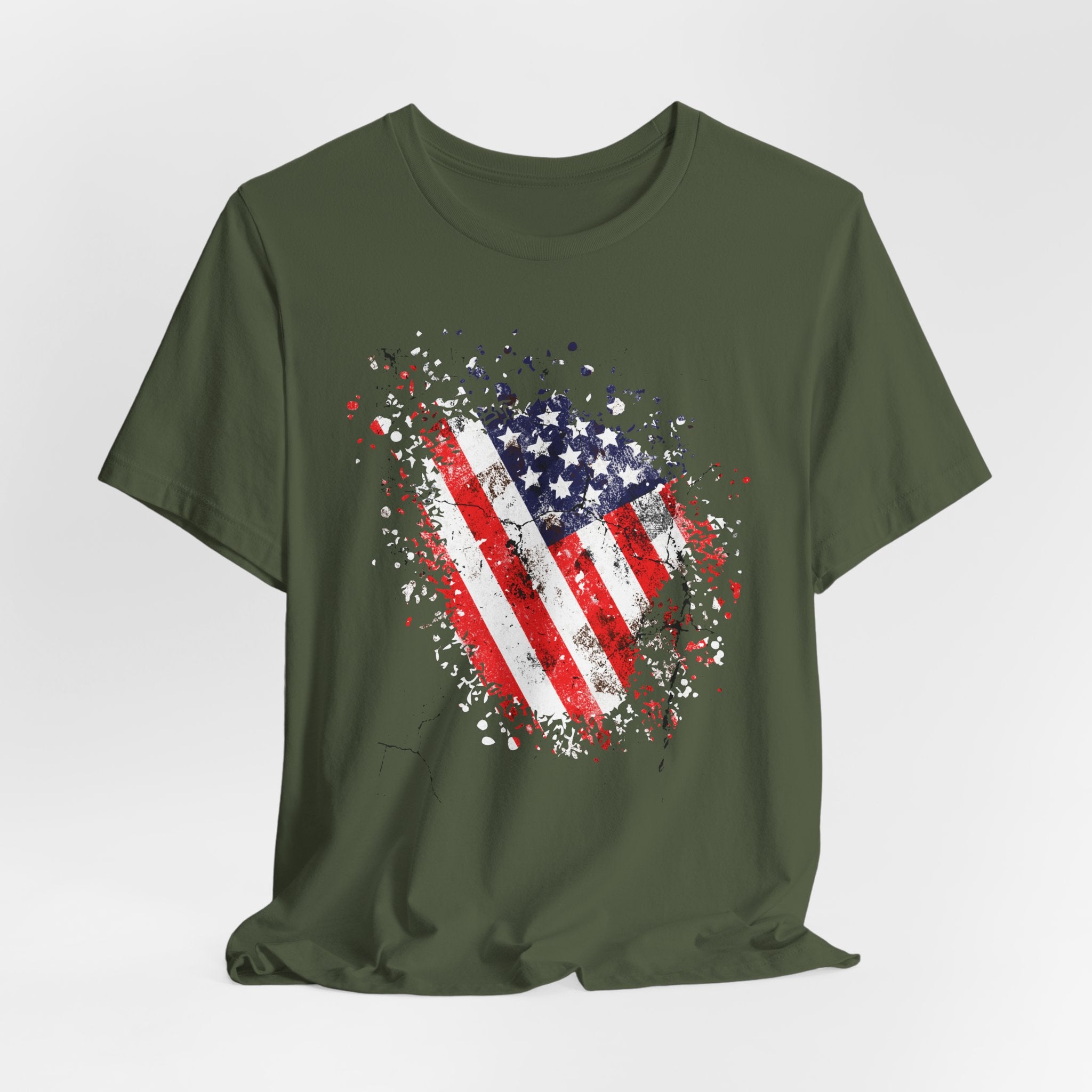 Green t-shirt with American flag design on a white background