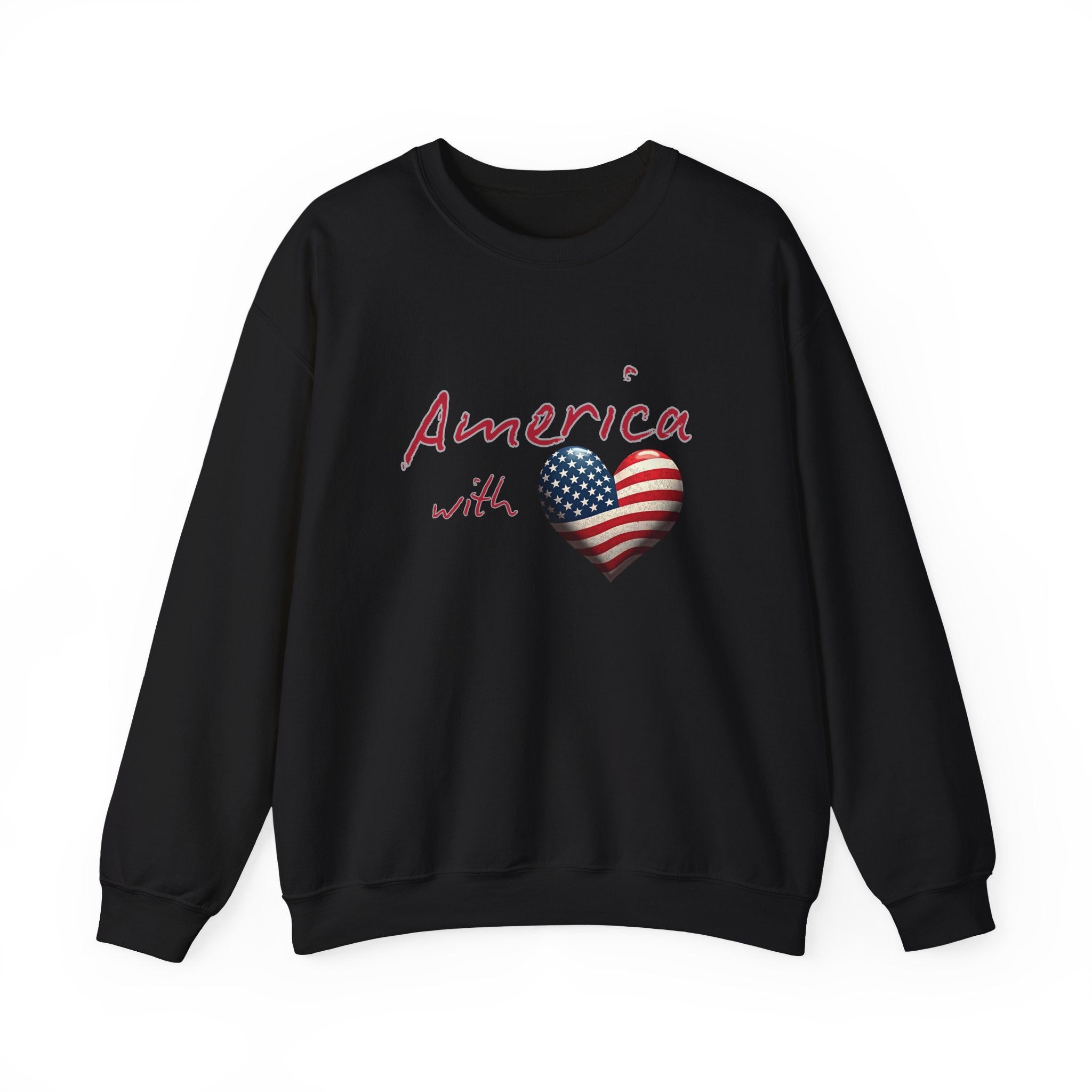 Black sweatshirt with 'America with Heart' design featuring an American flag on a white background