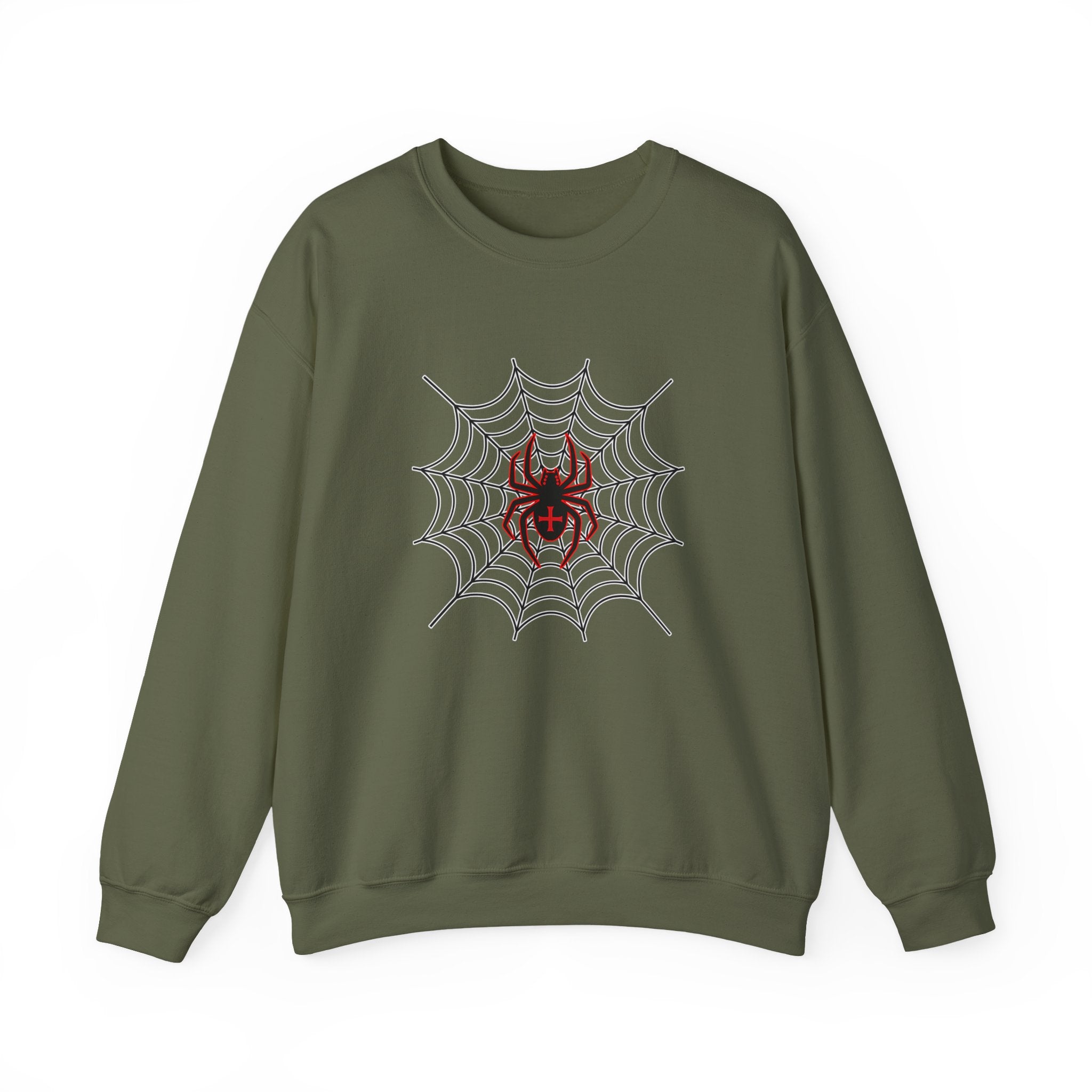Green sweatshirt with spider web and spider design on a white background