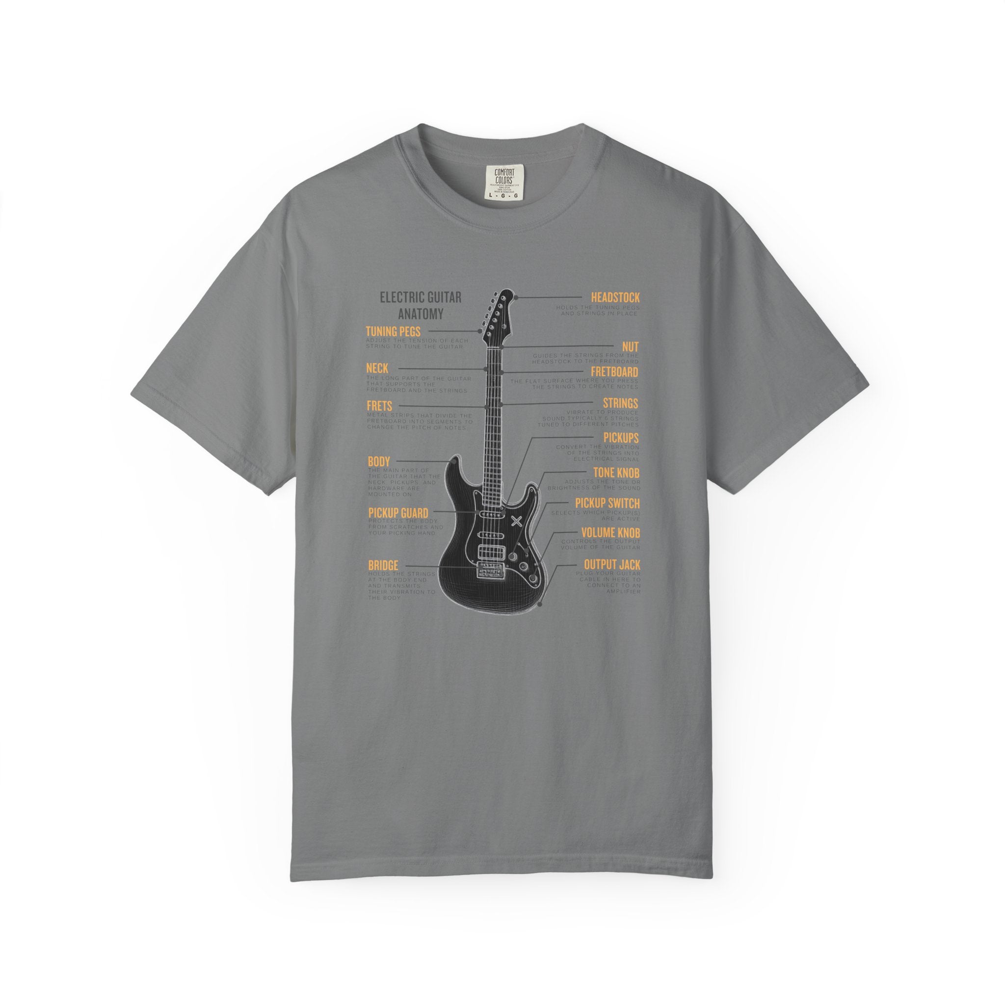 Gray  t-shirt with electric guitar graphic and texts on a white background
