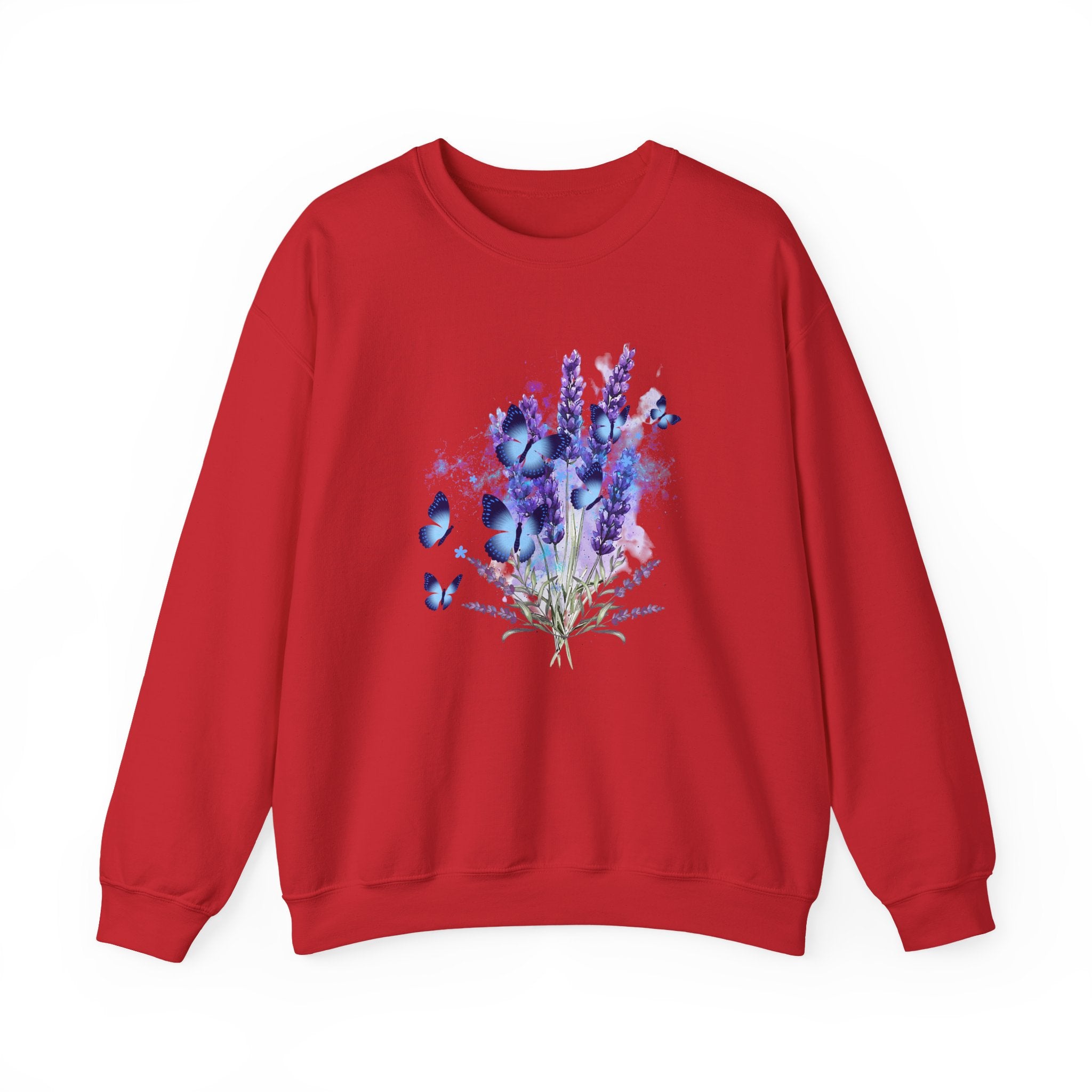 Red sweatshirt with a floral and butterfly design on a white background