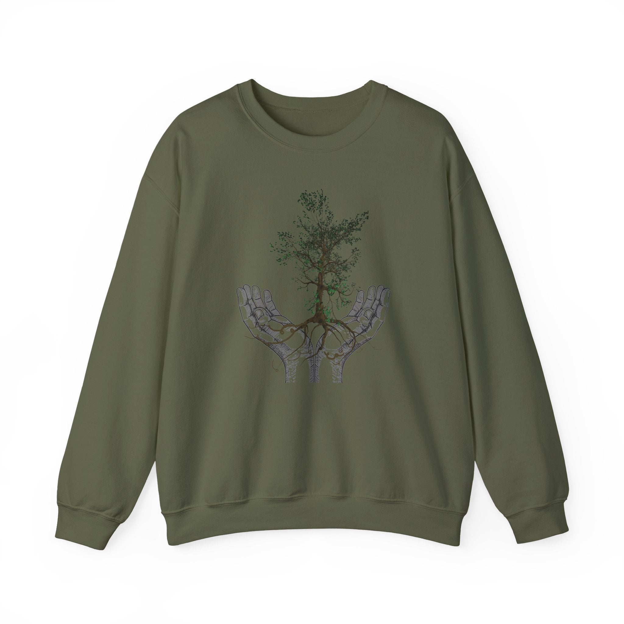 Green sweatshirt with a tree design on a white background