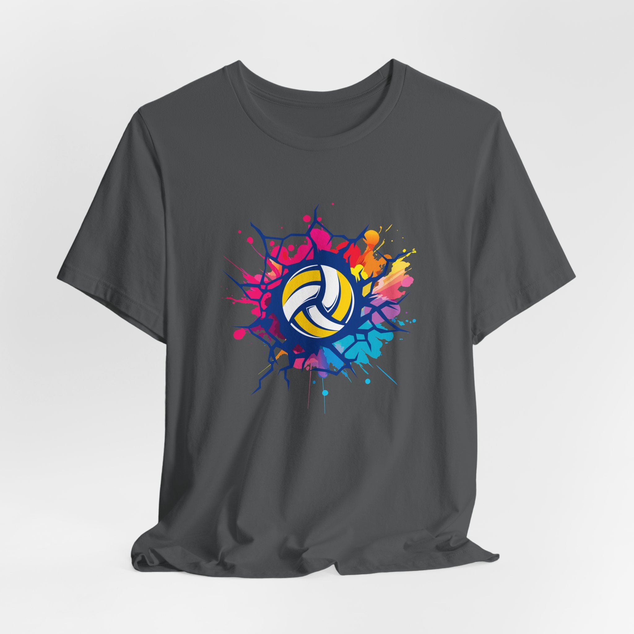 Gray t-shirt with colorful volleyball design on a white background