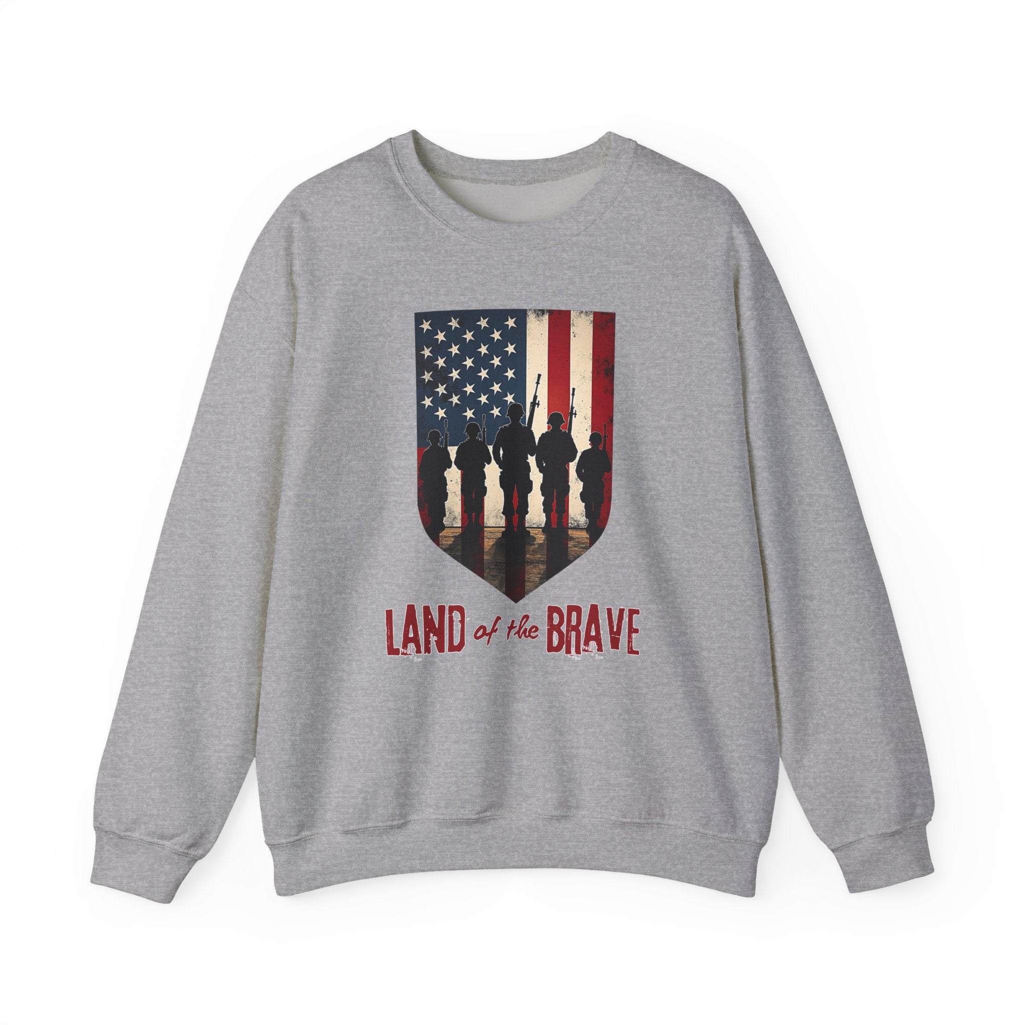 Gray sweatshirt with American flag and silhouette design on a white background