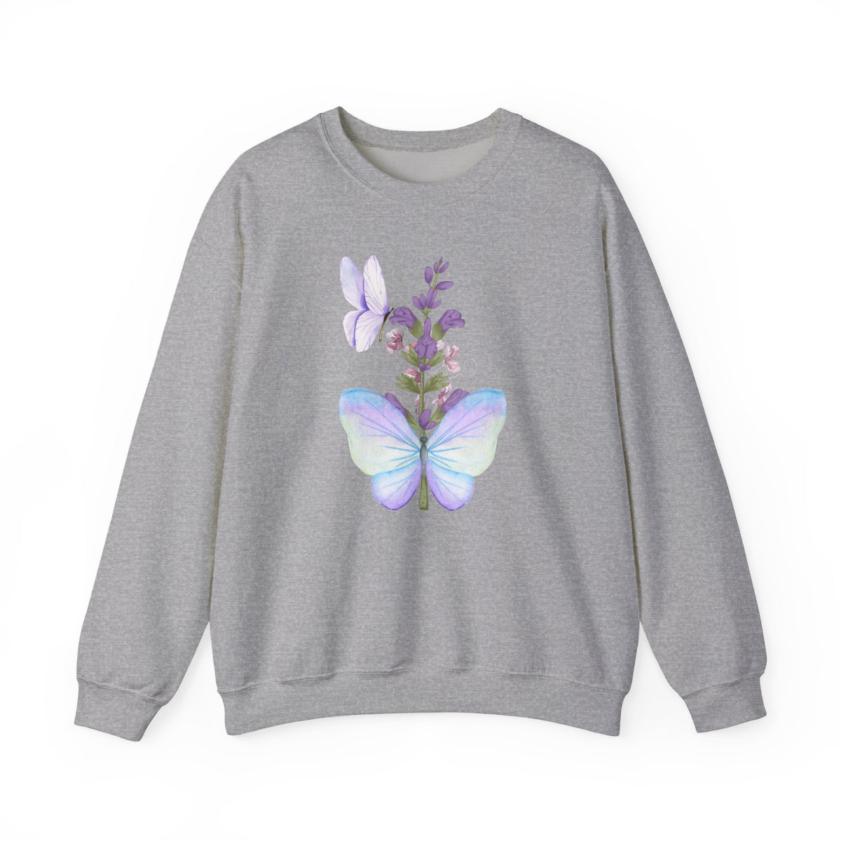 Gray sweatshirt with a butterfly and floral design on a white background